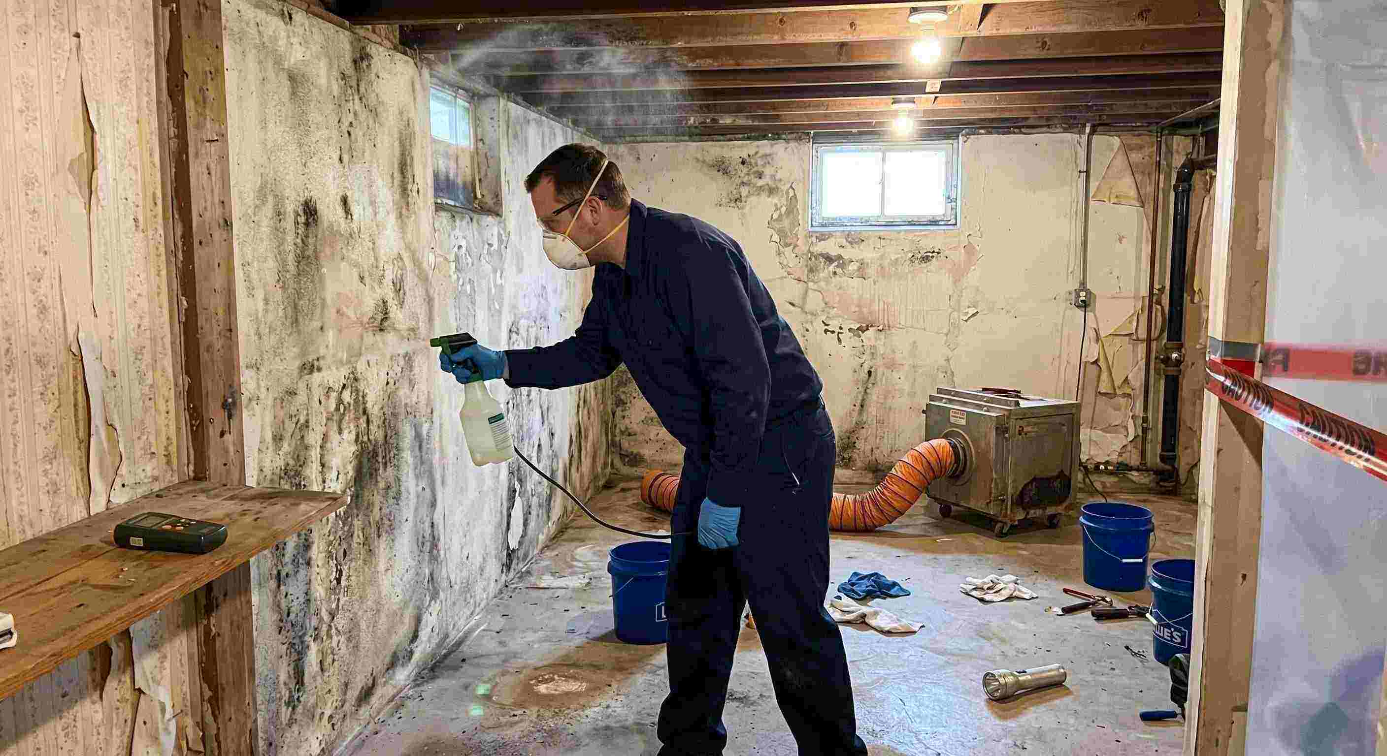 Professional technician performing antimicrobial mold treatment in a damp basement during mold remediation in a home in Tucson.