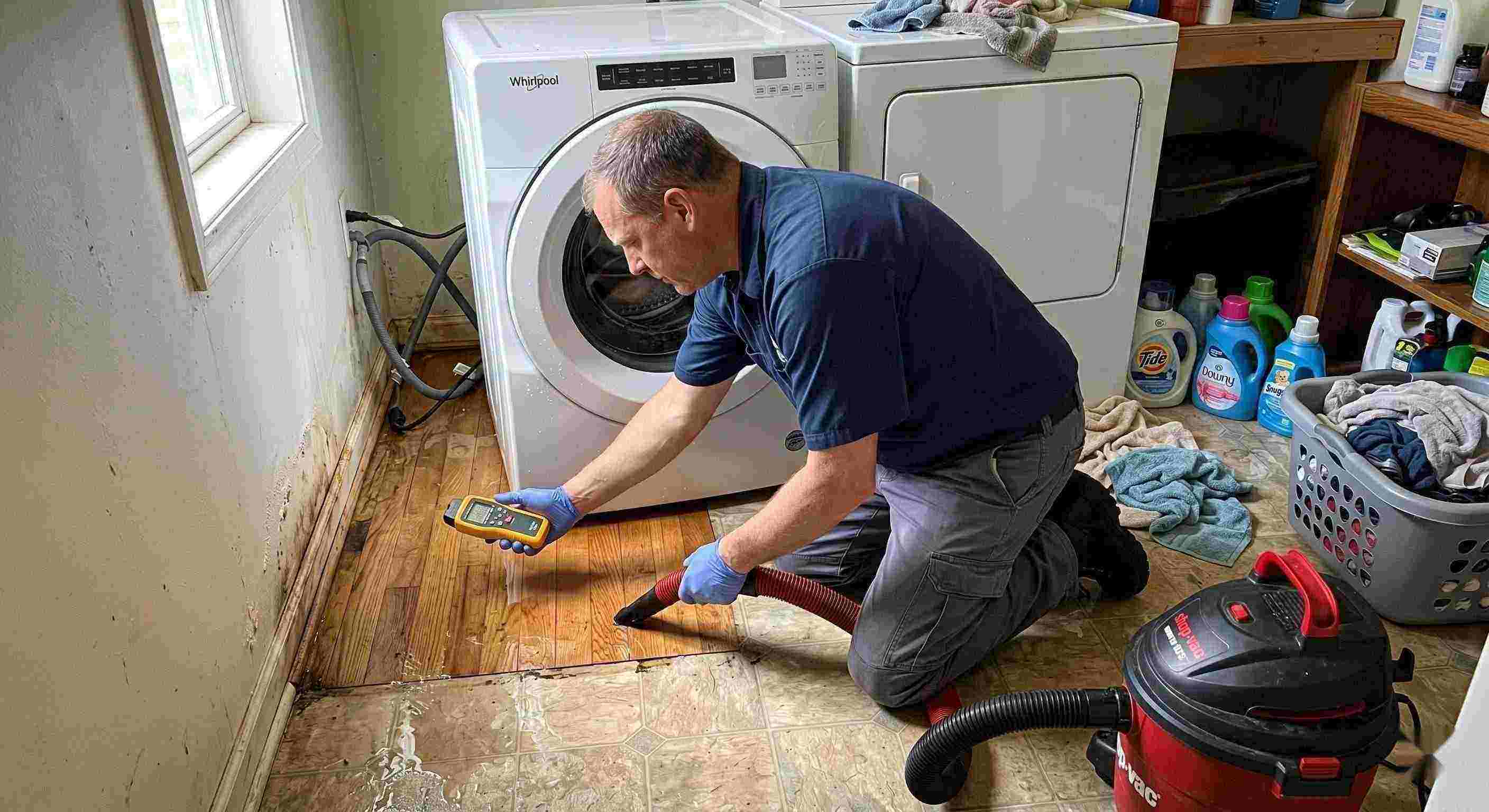 Fast appliance leak cleanup in a home laundry area with water pooling around the washing machine, showing technicians removing water and inspecting damp floors in Maricopa.