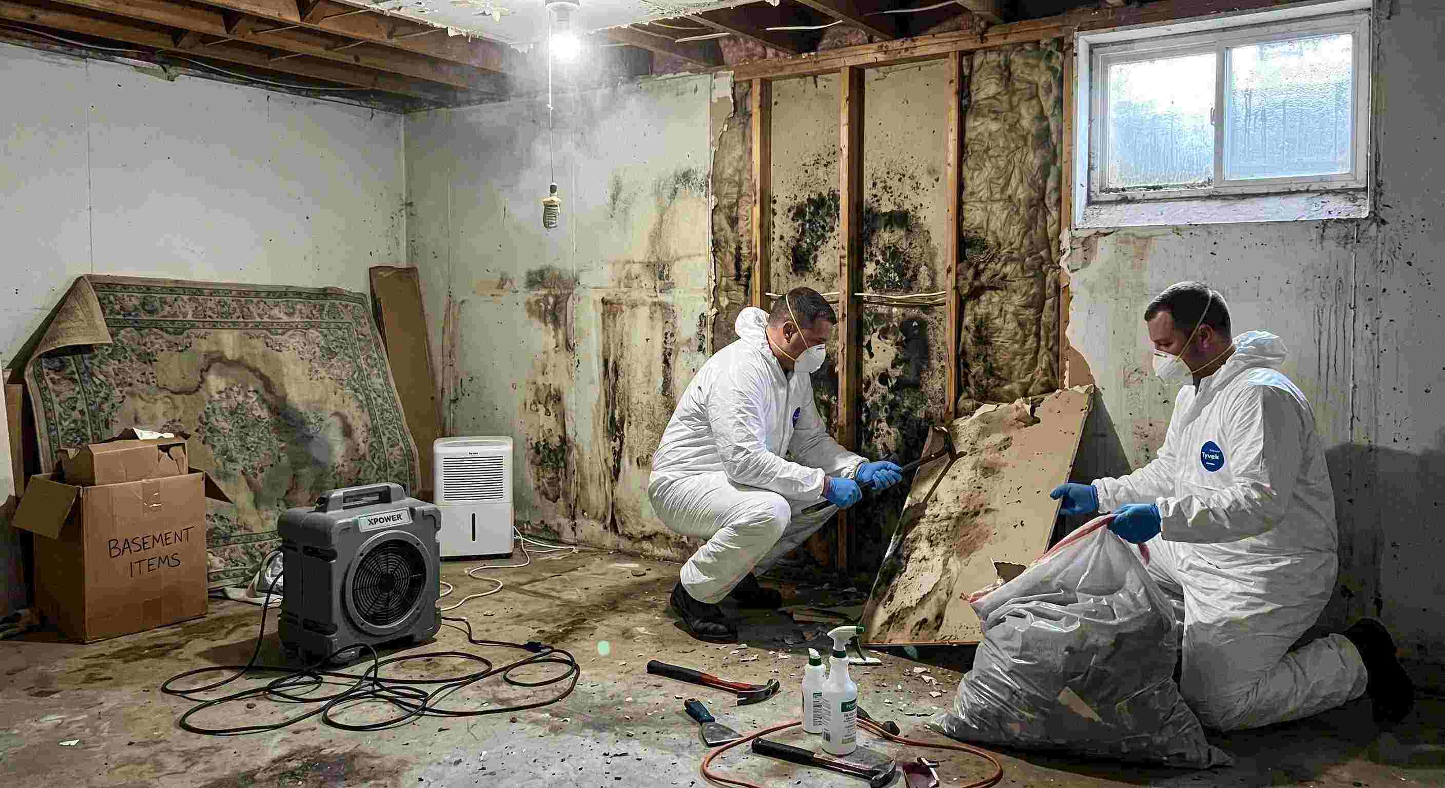 Realistic basement mold removal in a home in Tucson, showing technicians safely removing black mold and using dehumidifiers and HEPA air scrubbers.