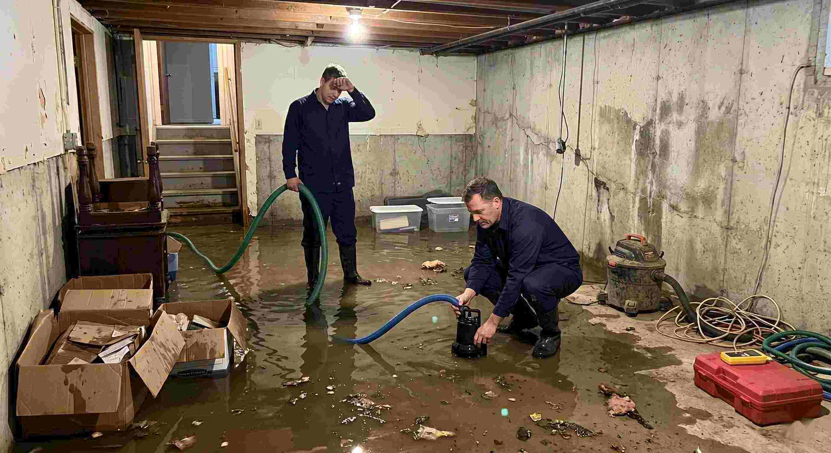 Local basement water removal service in Maricopa with technicians pumping out flooded basement