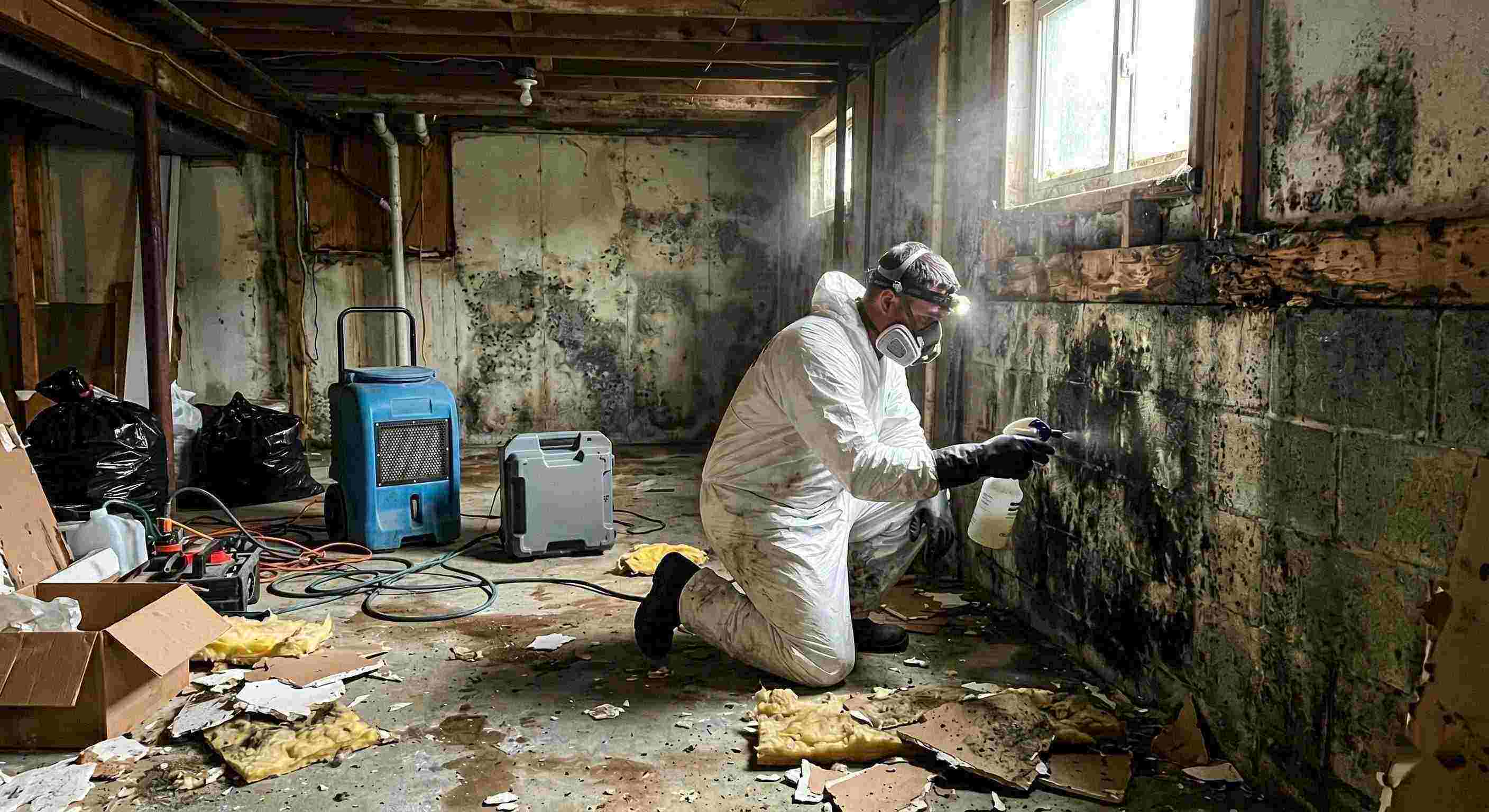 Technician performing black mold cleanup in a damp residential basement in Tucson, showing removed drywall, mold patches, and remediation equipment.