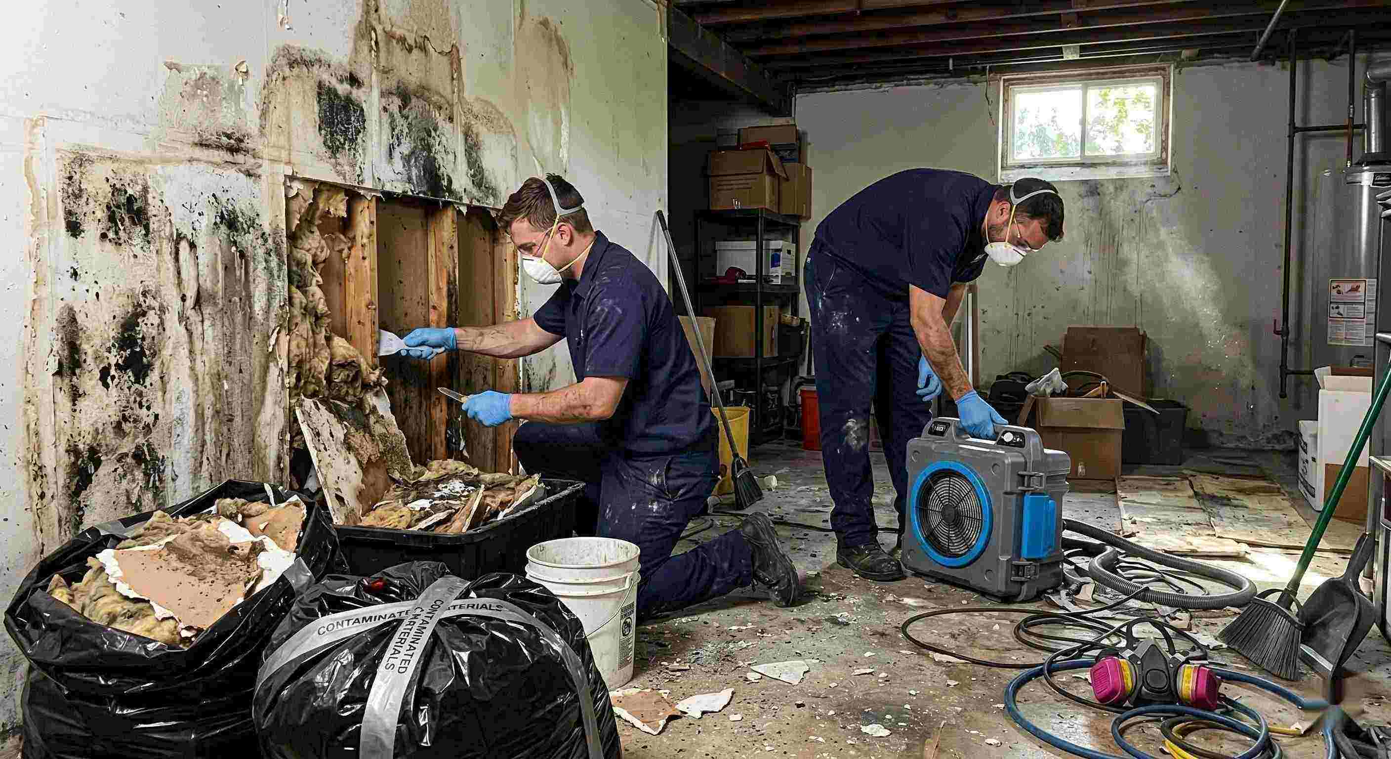 Technicians performing black mold cleanup in a damp residential basement in Tucson, carefully removing contaminated drywall and insulation.