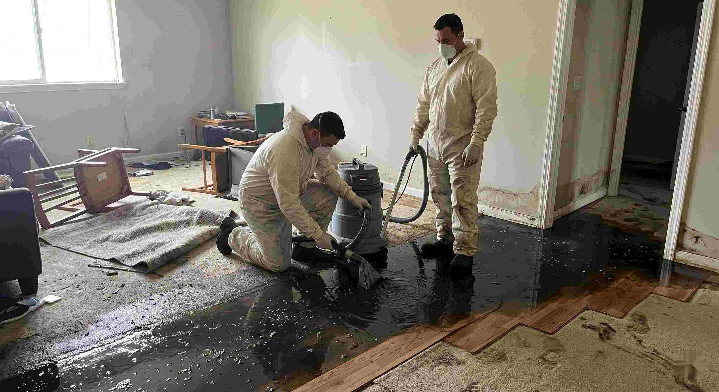 Top-rated black water removal service in Maricopa showing technicians extracting contaminated sewage water from flooded home interior