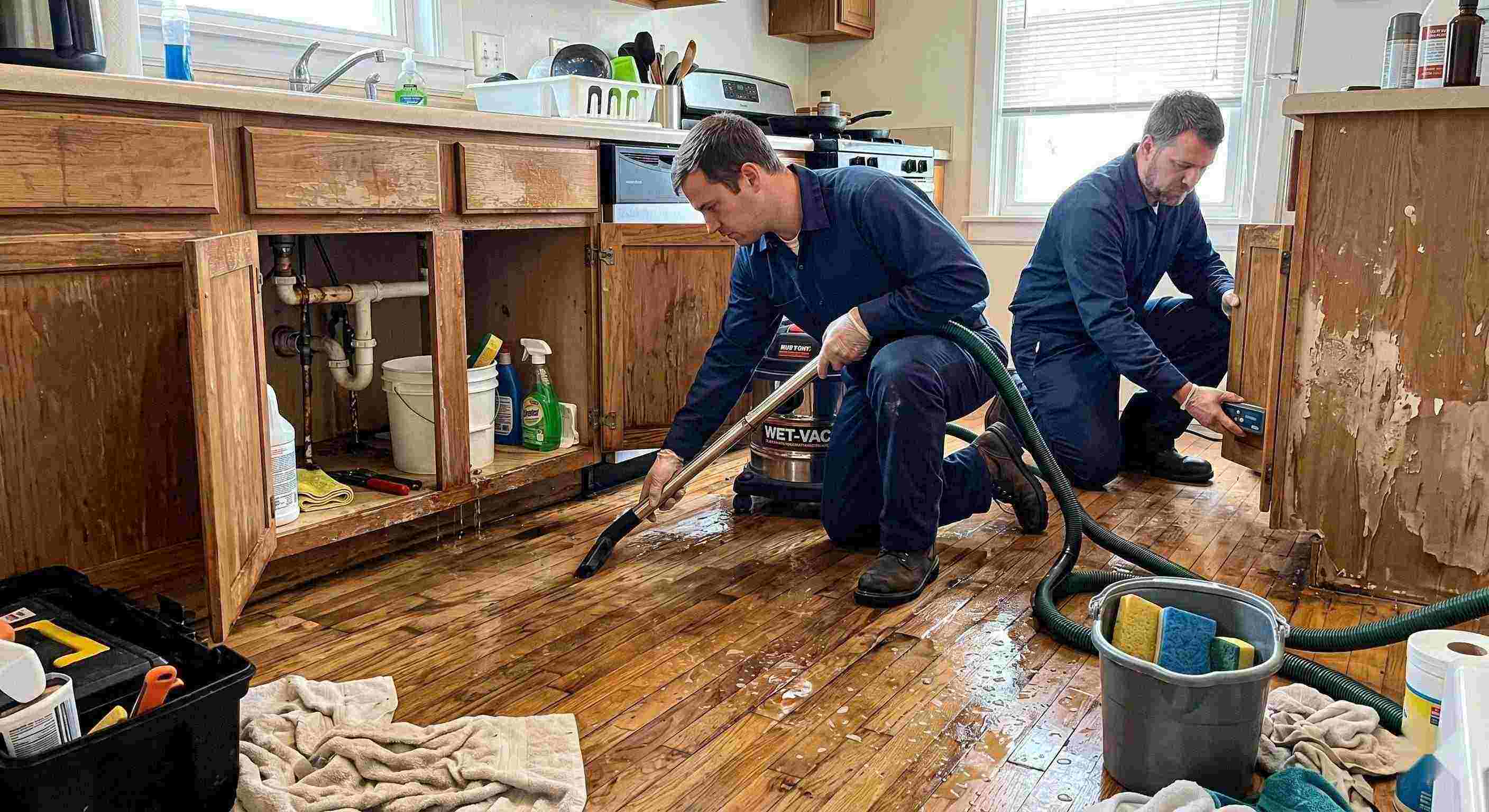 Trusted realistic photo of technicians performing burst pipe water damage cleanup in a home in Maricopa, removing standing water and inspecting wet floors and walls.