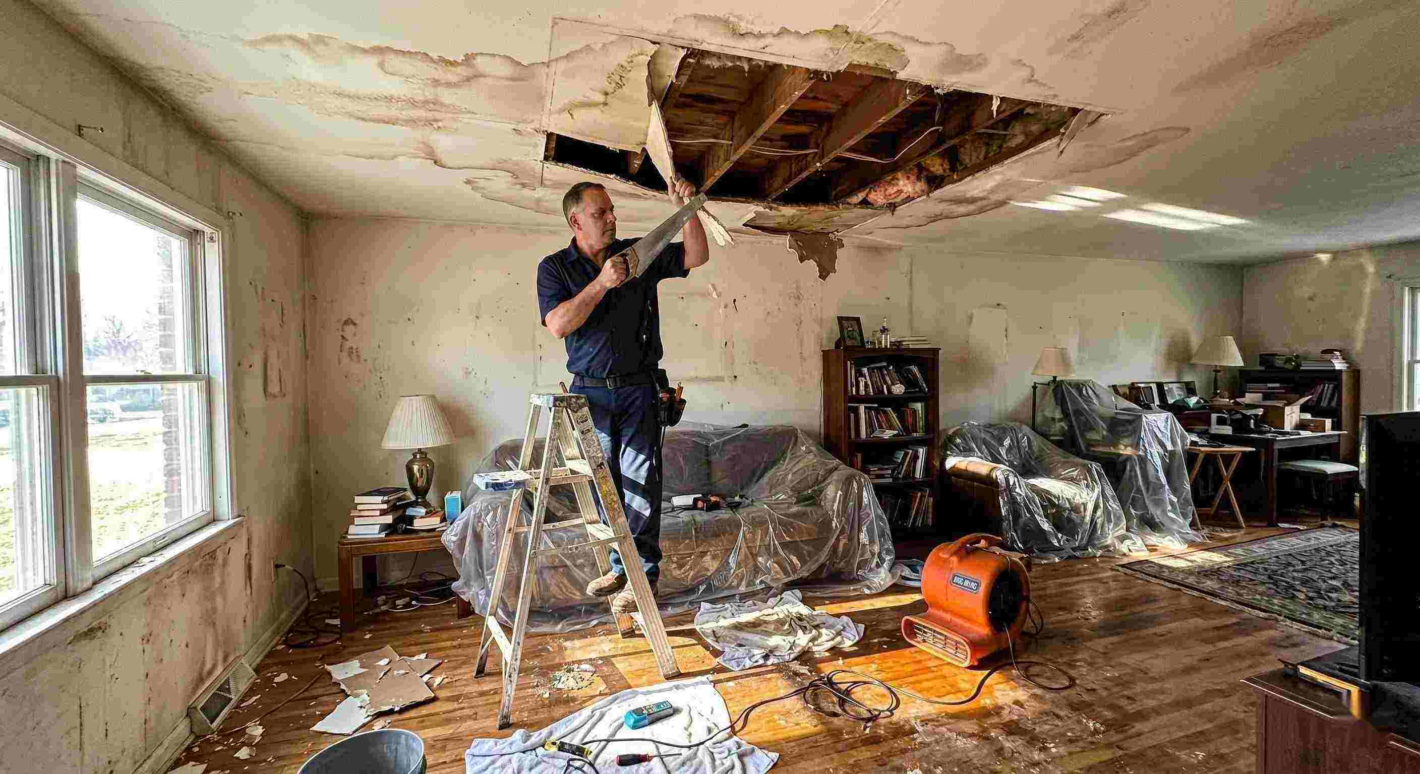 Local realistic indoor scene of technicians performing ceiling leak repair in a home in Maricopa, showing water-damaged ceiling, tools, and drying equipment.