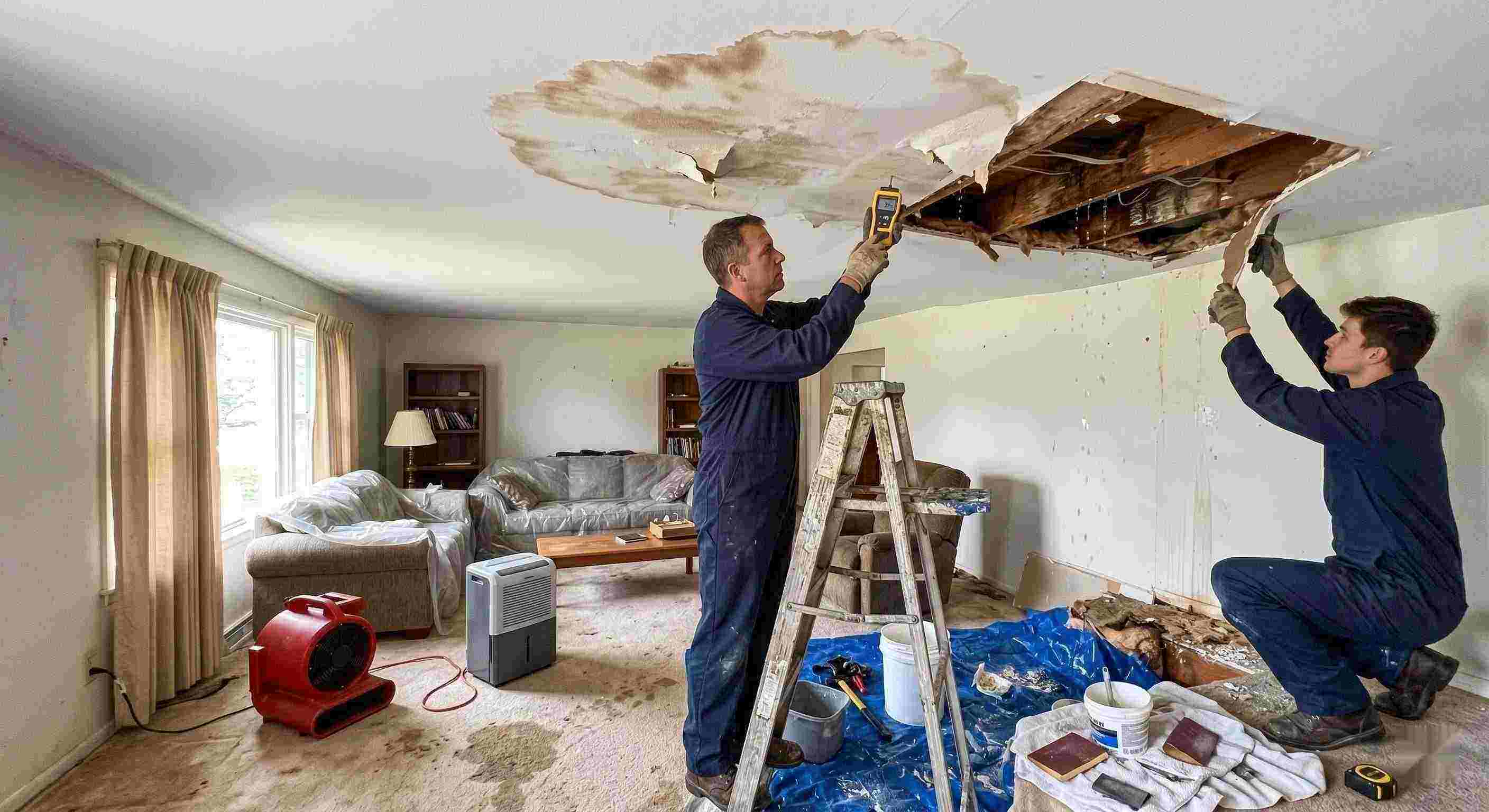 Reliable realistic residential ceiling leak repair scene with technicians using moisture meters and air movers to fix water damage in a home in Maricopa.