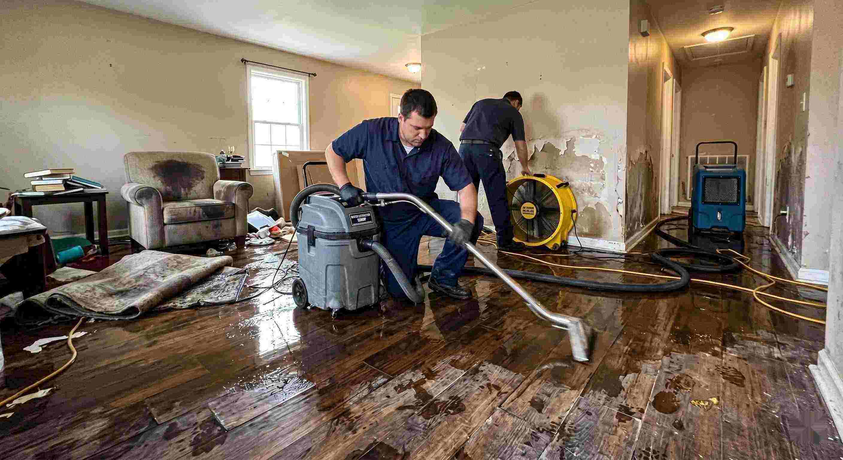 Expert emergency water damage restoration technicians removing water from flooded home in Prescott Valley