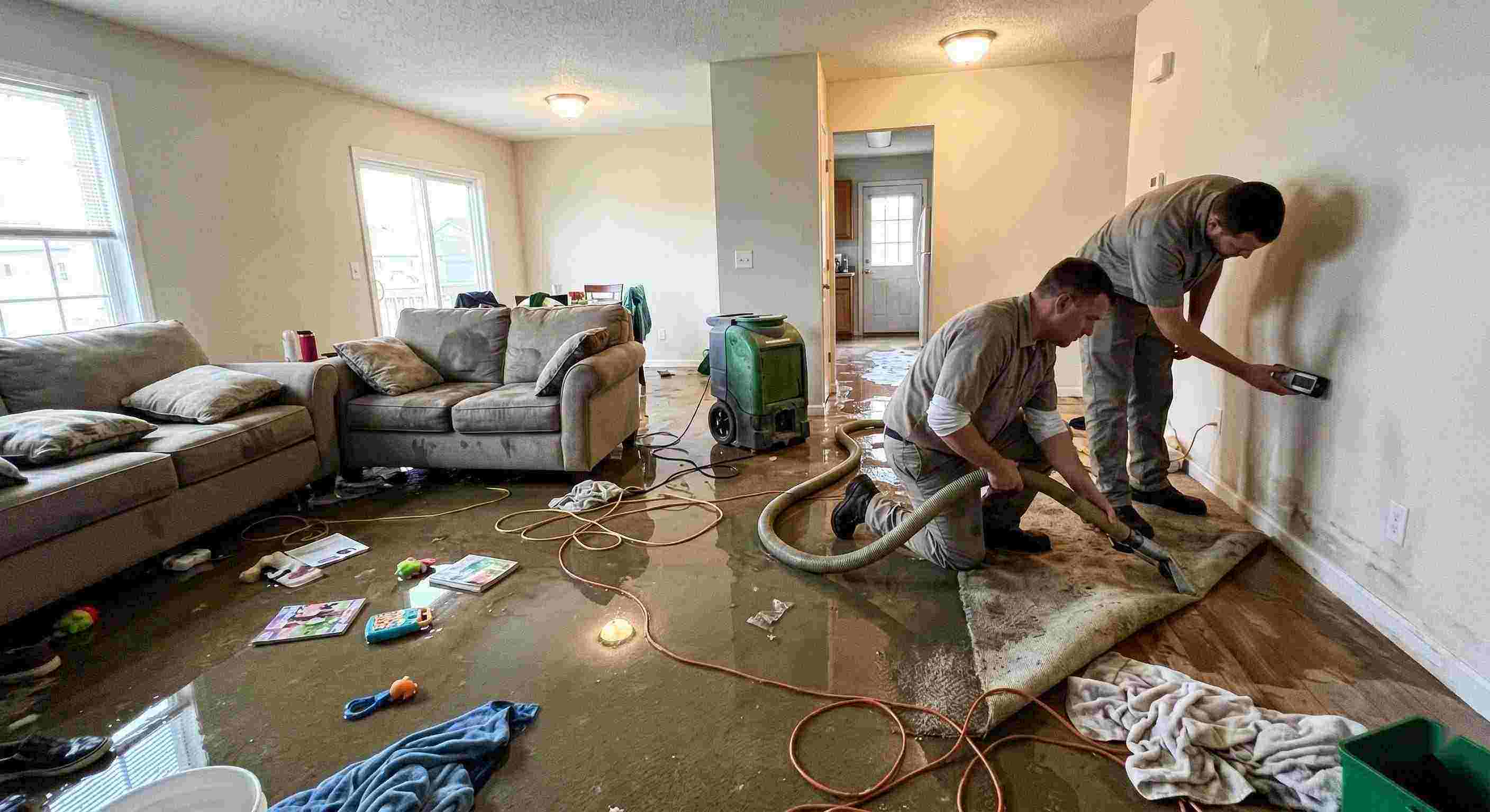 Fast emergency water removal technicians extracting water from flooded living room in Maricopa