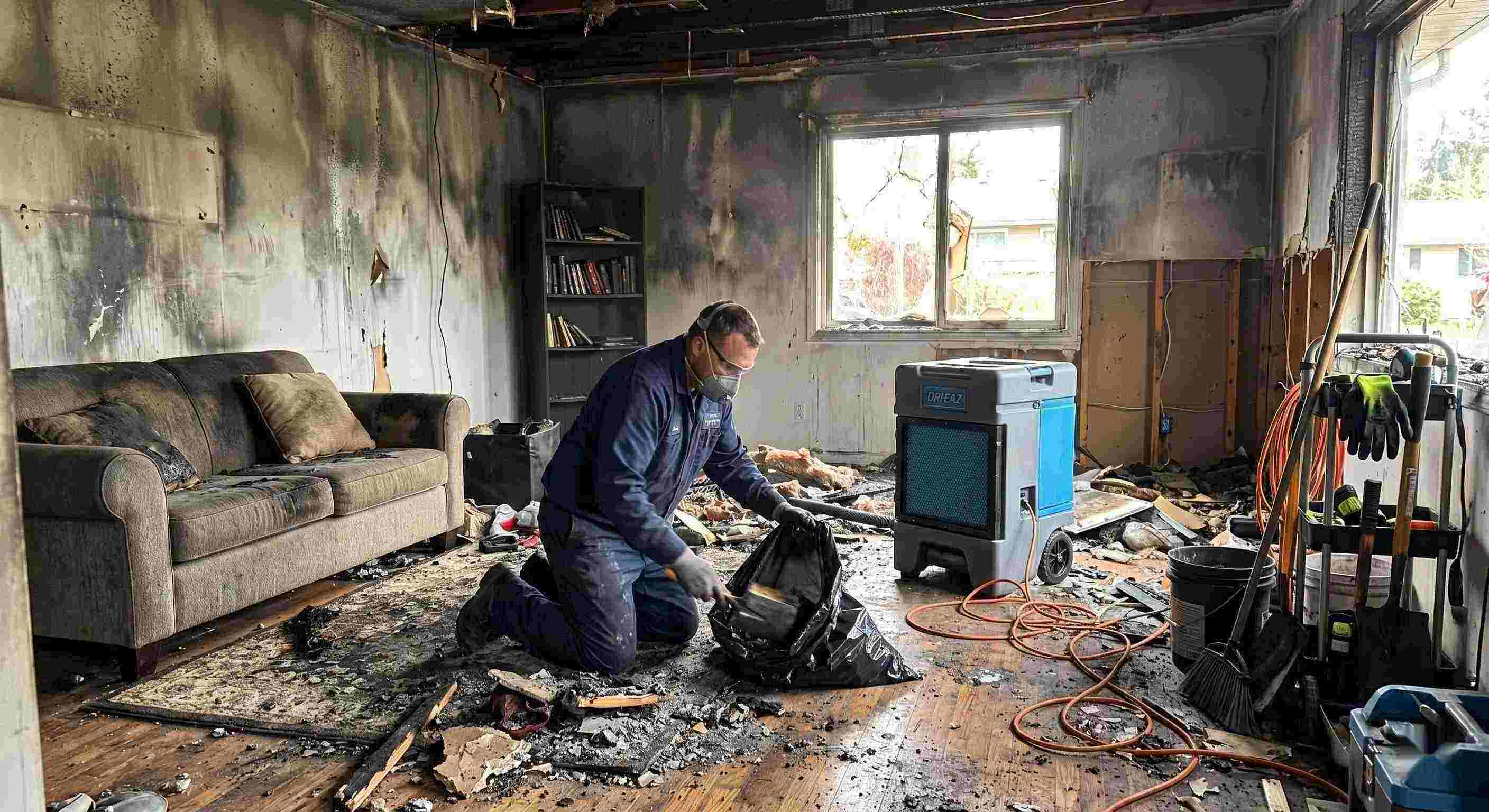 Fire damage cleanup scene with technician removing debris from a home affected by fire in Tucson