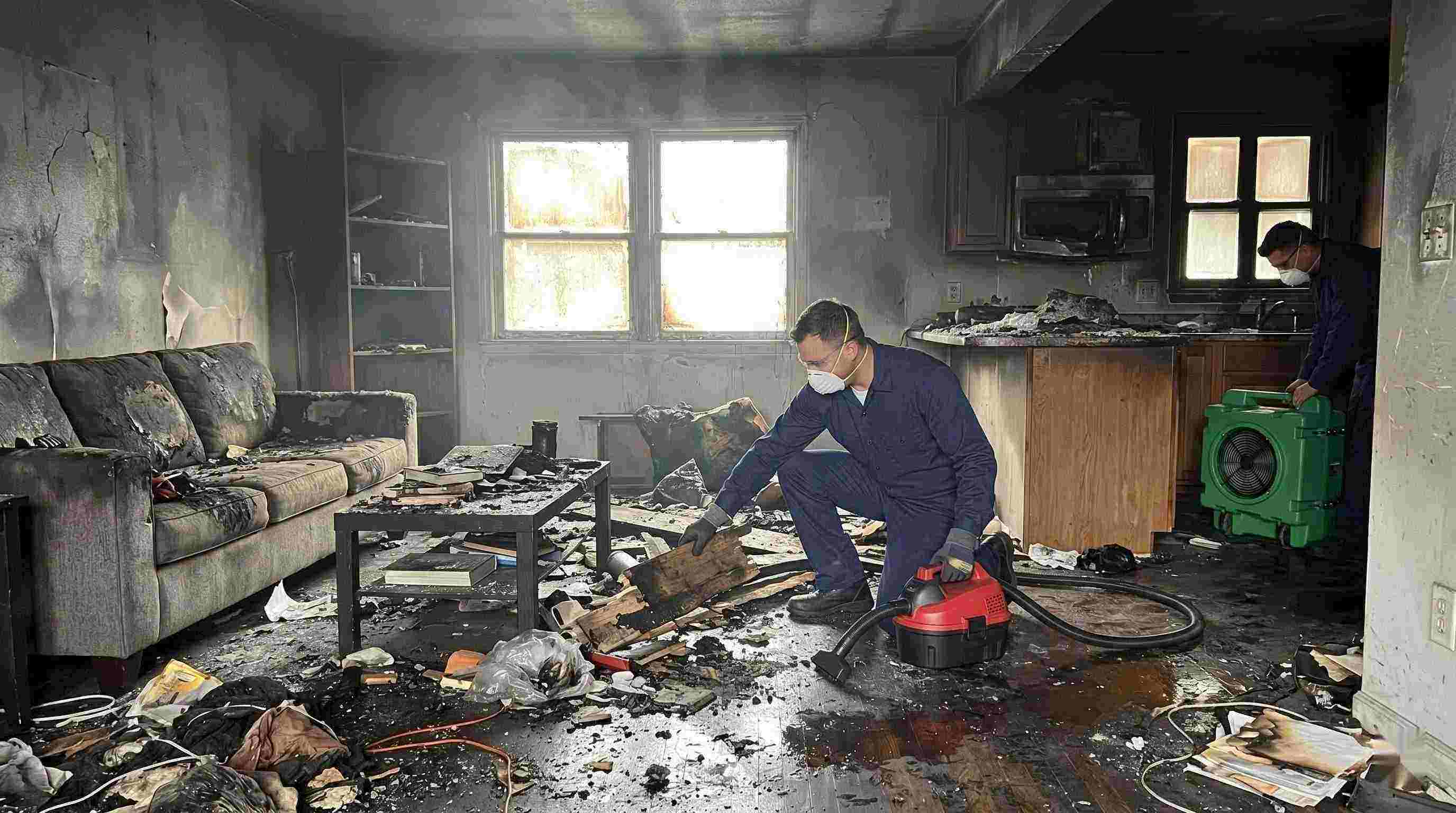 Realistic image showing extensive fire damage in a home with soot, debris, and smoke residue, captured during fire damage restoration in Tucson.