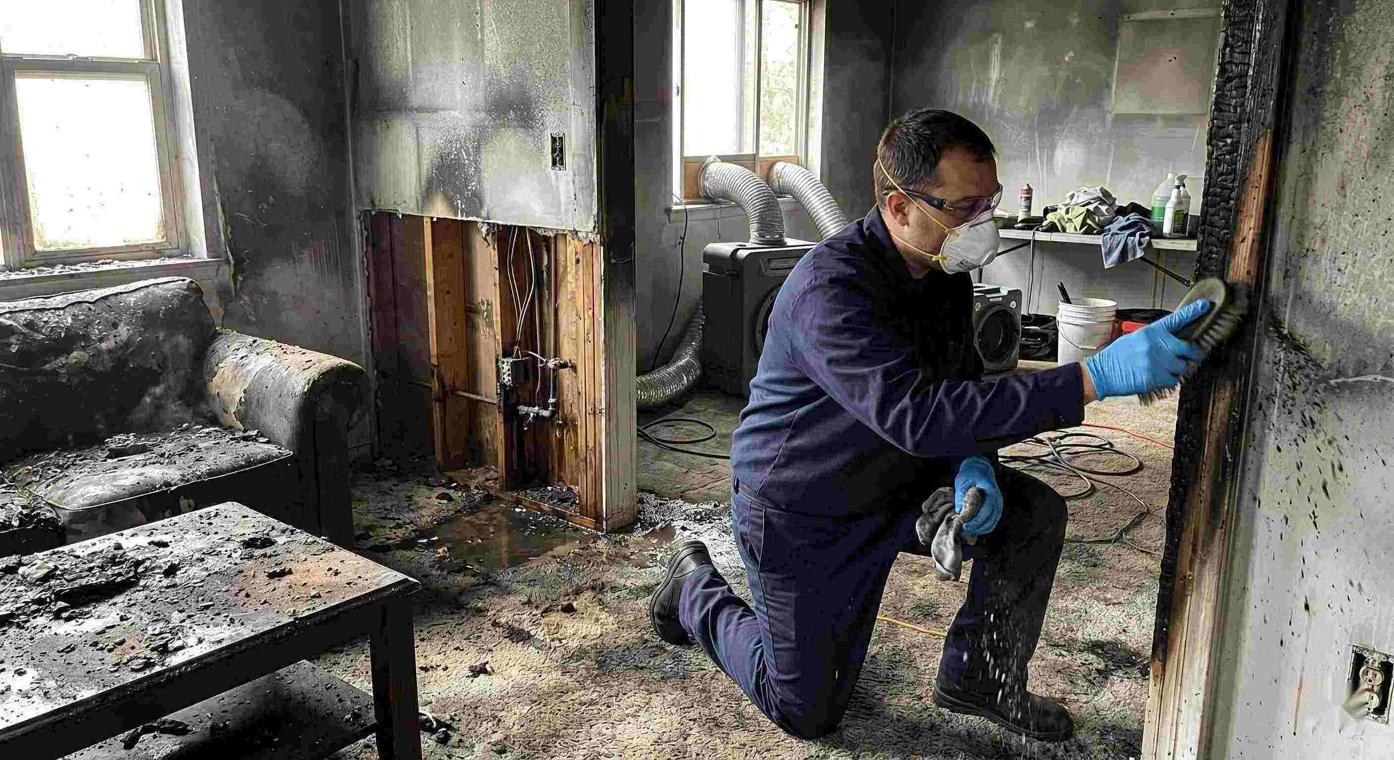 Action shot of a fire damage restoration technician cleaning soot and debris in a home damaged by fire in Tucson