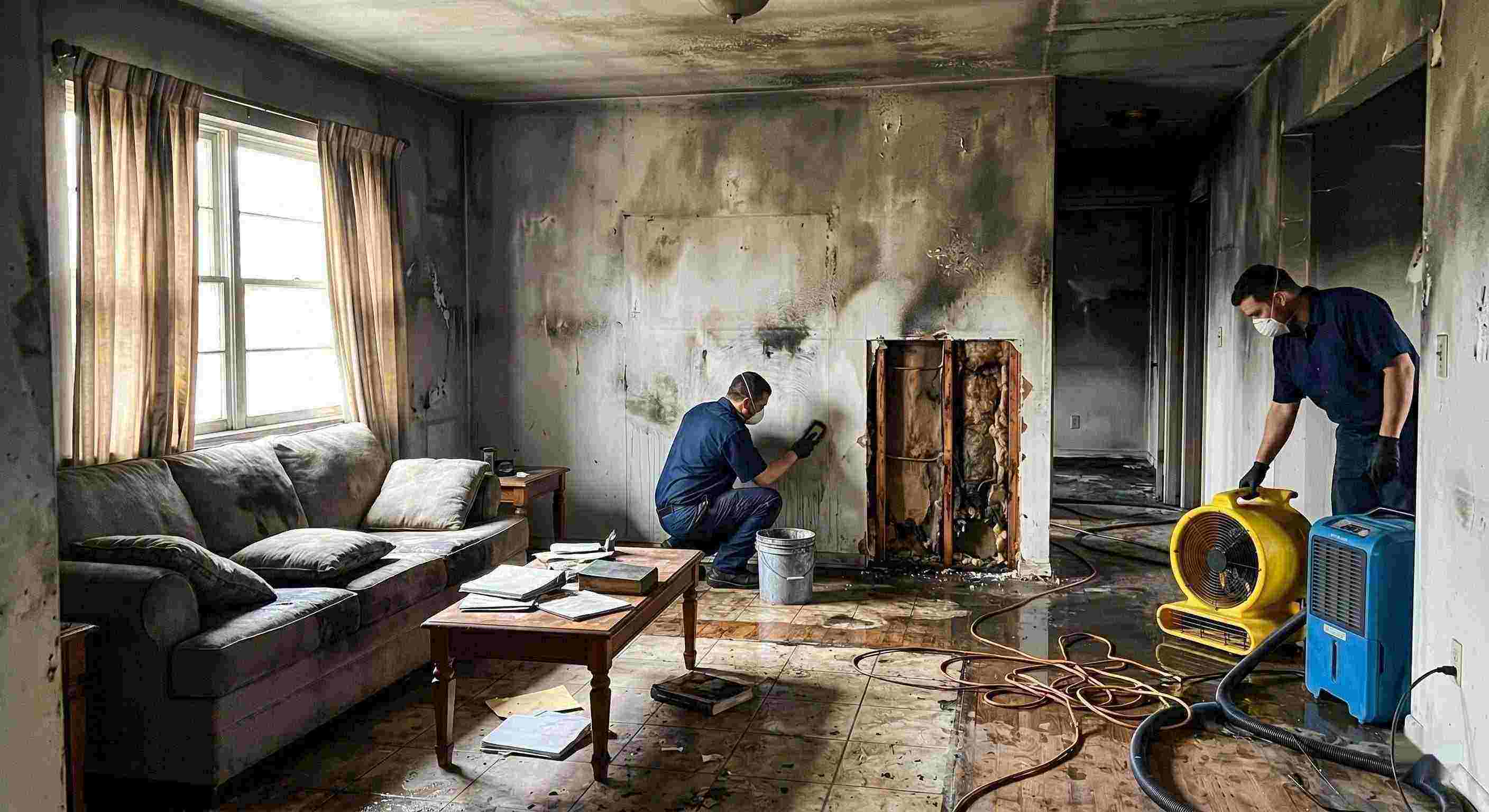 Best fire damage restoration cleanup with technicians removing soot and drying water damage in home Prescott Valley