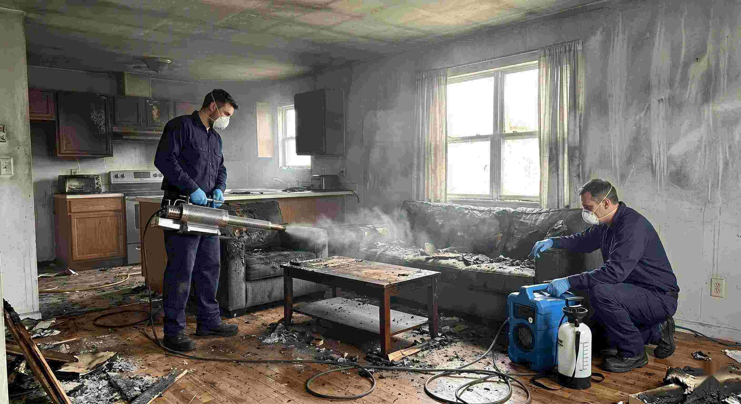 Fire odor removal service in a home showing technicians using thermal fogging equipment to eliminate smoke and soot odors in Tucson.