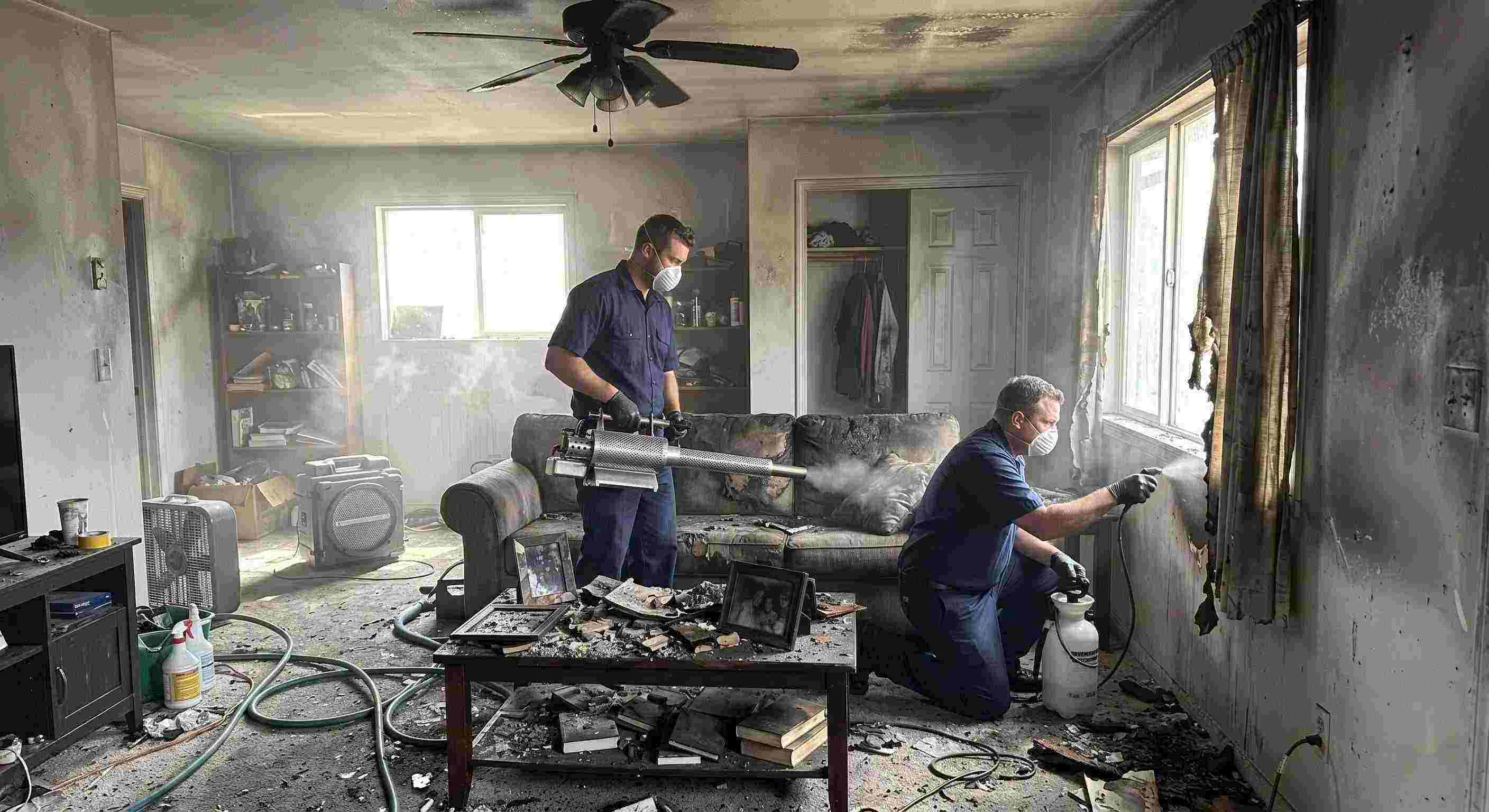 Fire damage restoration technicians removing smoke odors from a soot-stained home in Tucson, using thermal fogging and odor neutralization.