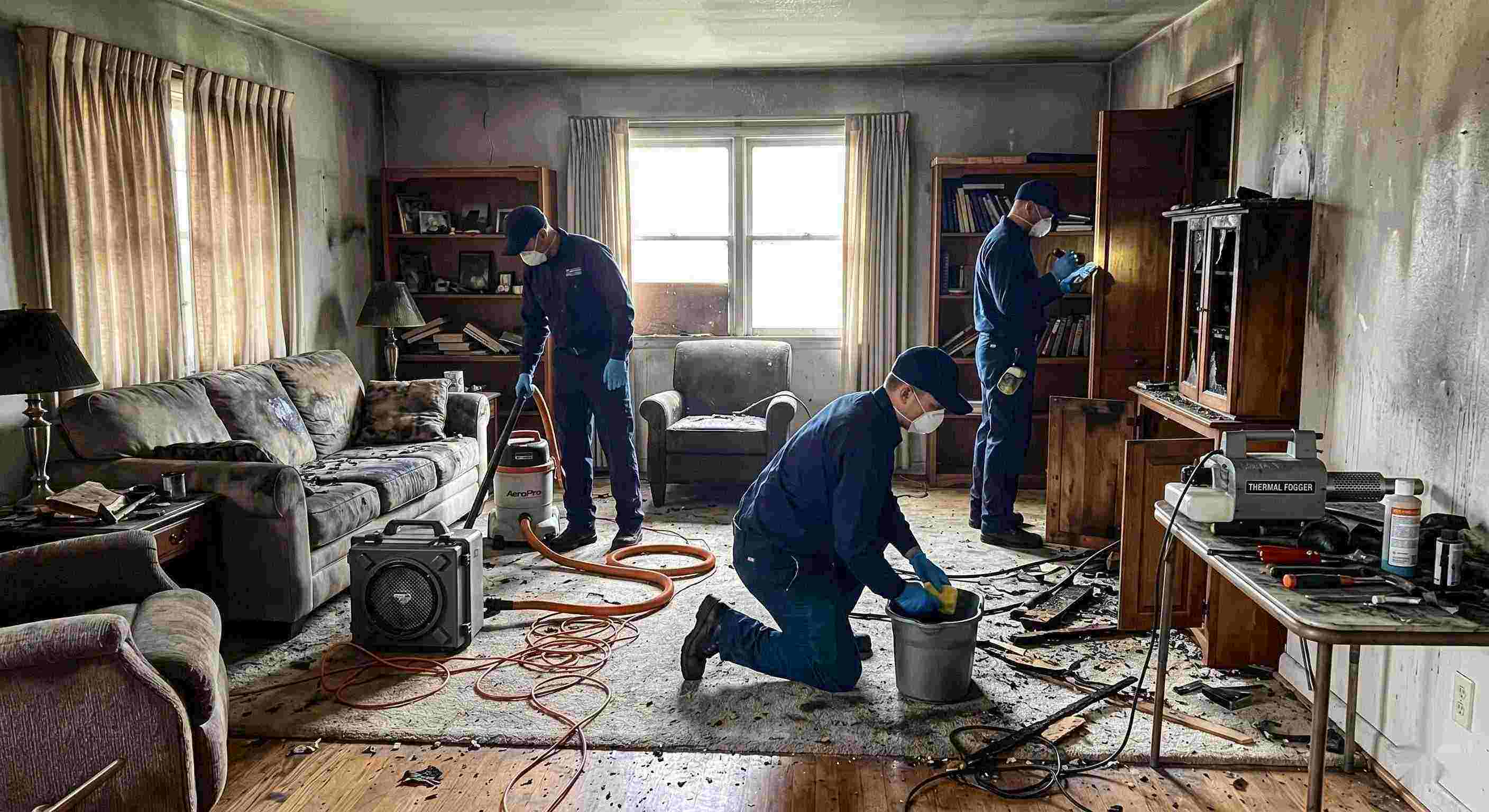Photo of a fire restoration team using professional equipment to clean soot and smoke damage in a Tucson home, emphasizing trust and hands-on expertise.