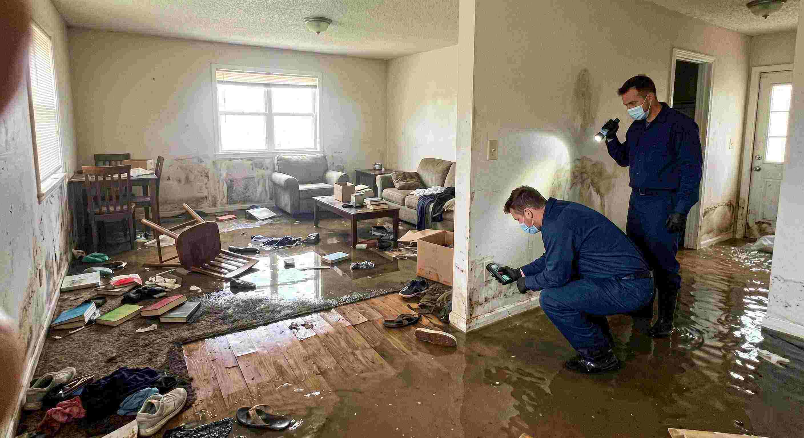 Fast severe home flooding with waterlogged floors, damaged furniture, and generic technician assessing the damage in Yuma