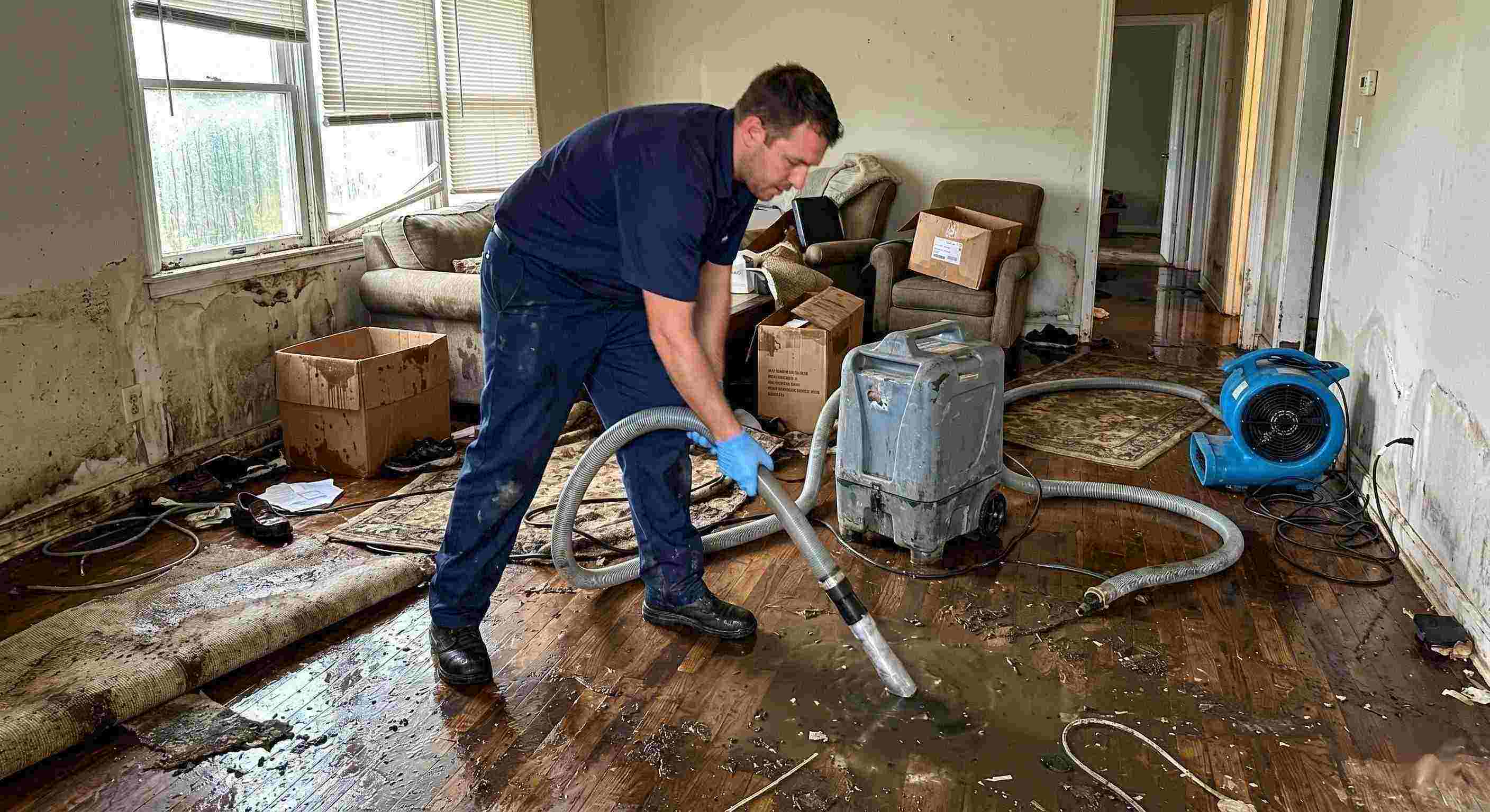 Fast action shot of a flood damage restoration technician removing standing water in a flooded home during the restoration process in Yuma.