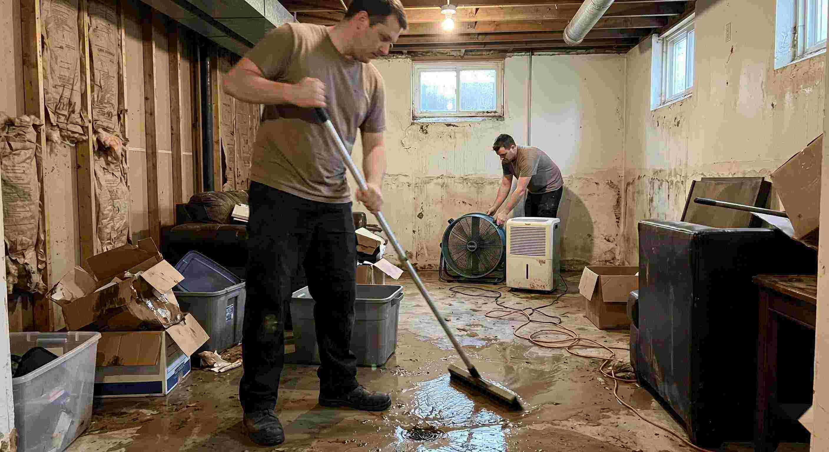 Local flood and storm damage cleanup in a residential basement with standing water removal and drying equipment in Prescott Valley