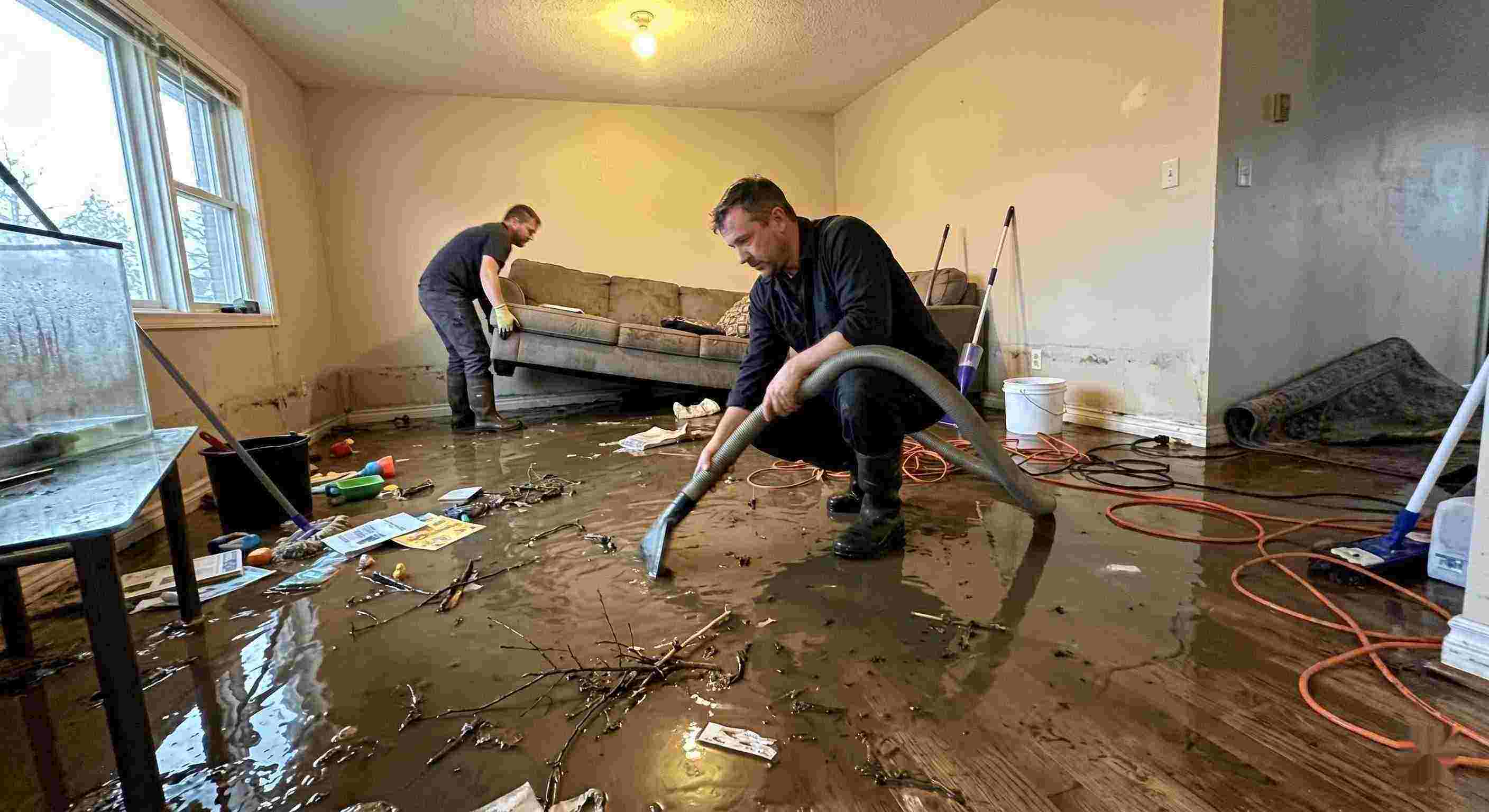 Top-rated flood water extraction service removing contaminated water from flooded home in Maricopa