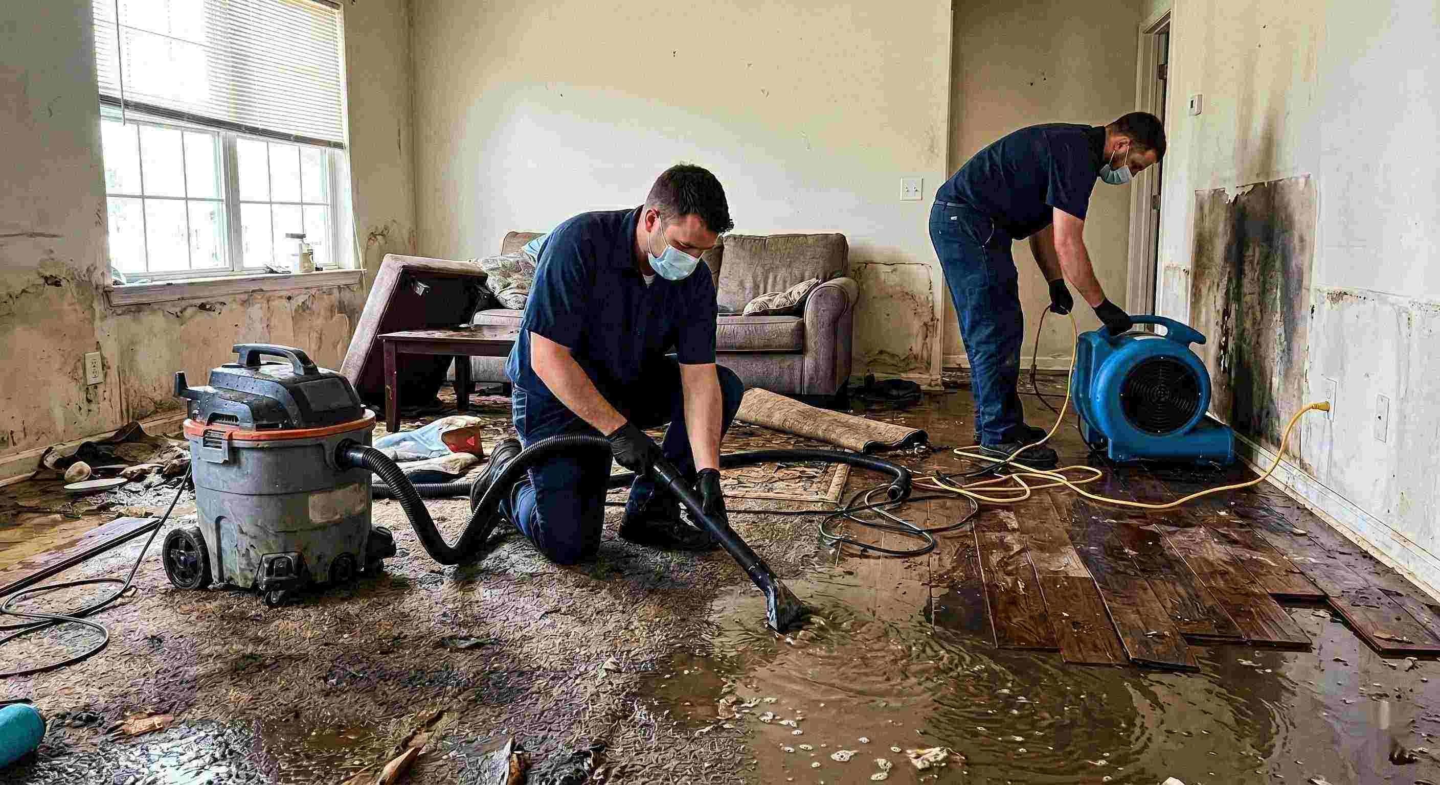 Expert flood water removal service in a residential home showing technicians extracting standing water and setting up drying equipment in Yuma