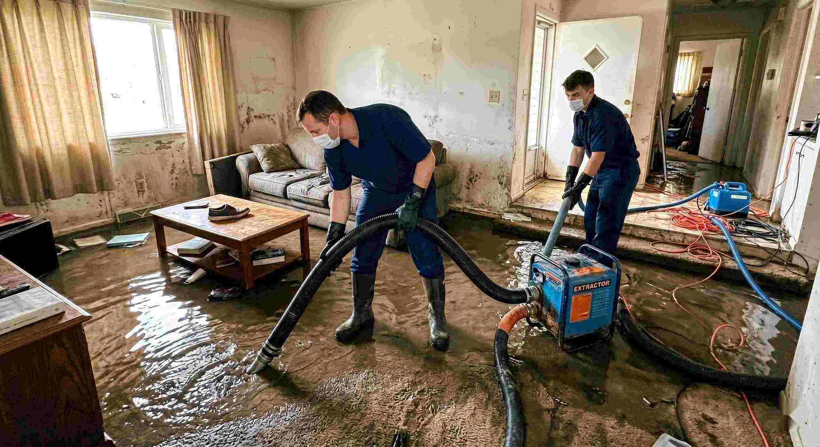 Reliable realistic flood water removal inside a home with technicians using pumps and hoses to extract standing water during flood damage restoration in Yuma.