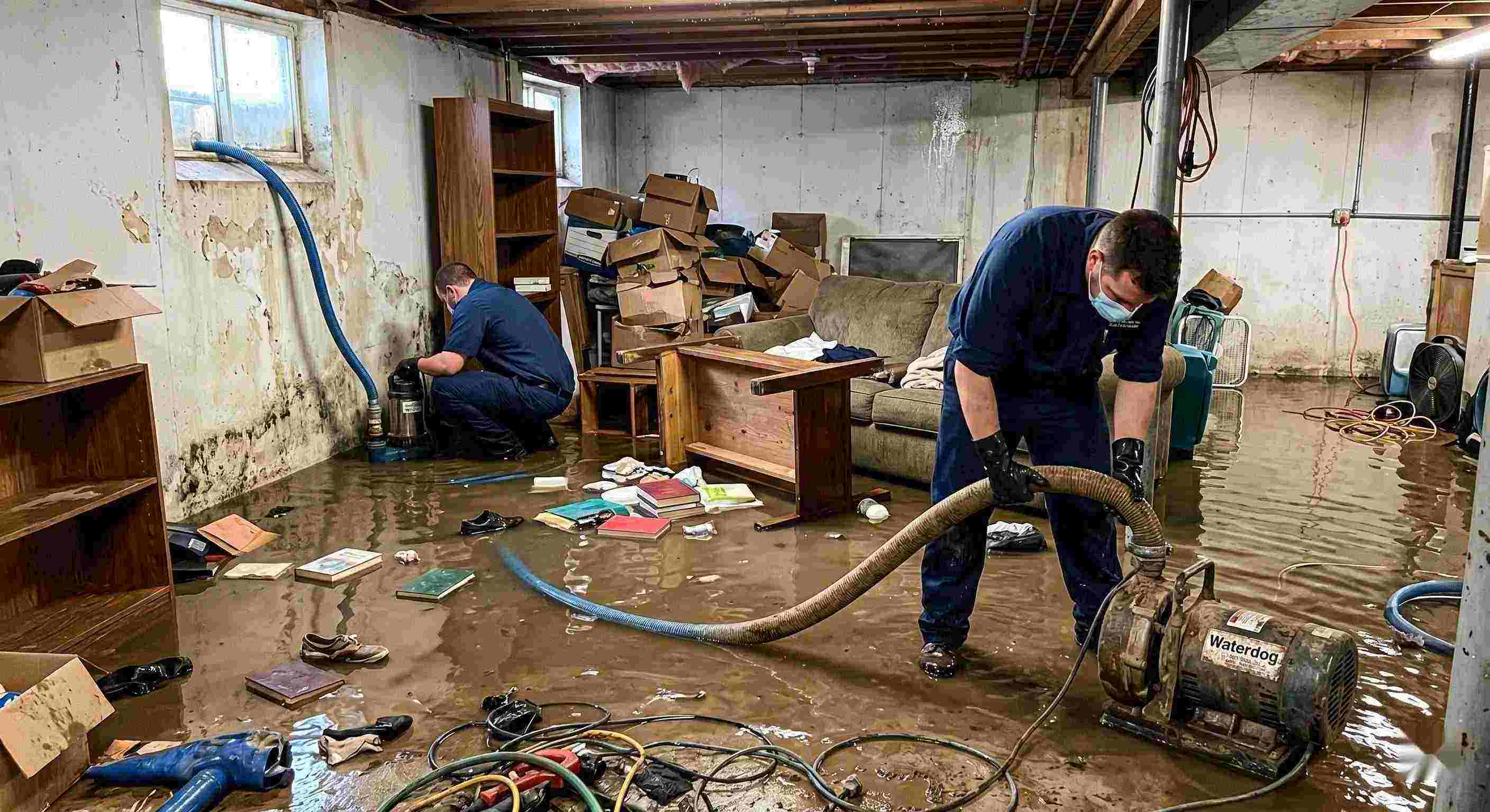 Expert realistic photo of a flooded basement cleanup with restoration technicians removing standing water in a home in Yuma