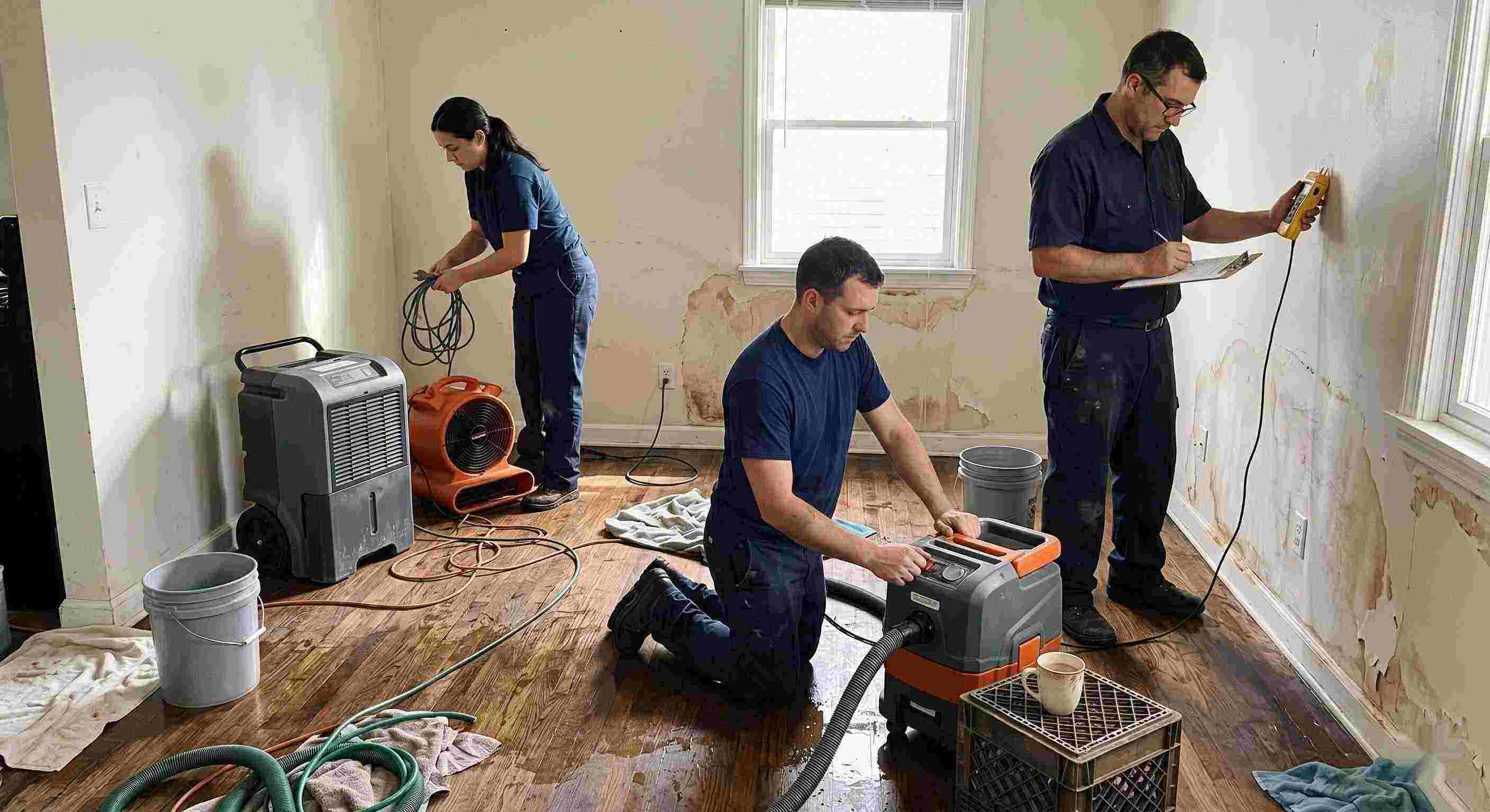 Local leak damage restoration team working with professional equipment to repair water-damaged home in Maricopa.