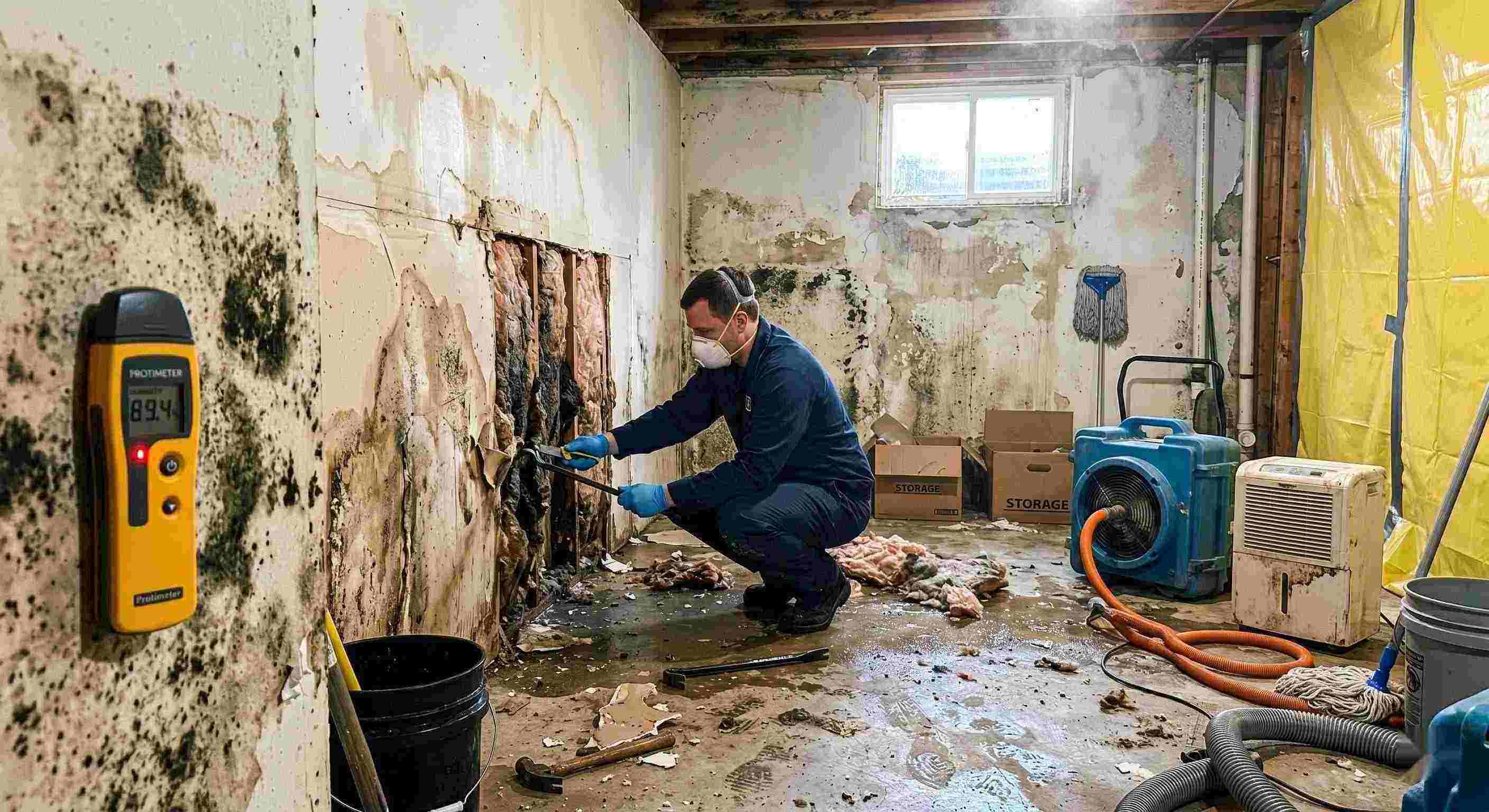 Professional mold after water damage cleanup in a residential home, showing a technician removing water-damaged drywall and treating mold in a damp basement in Tucson.