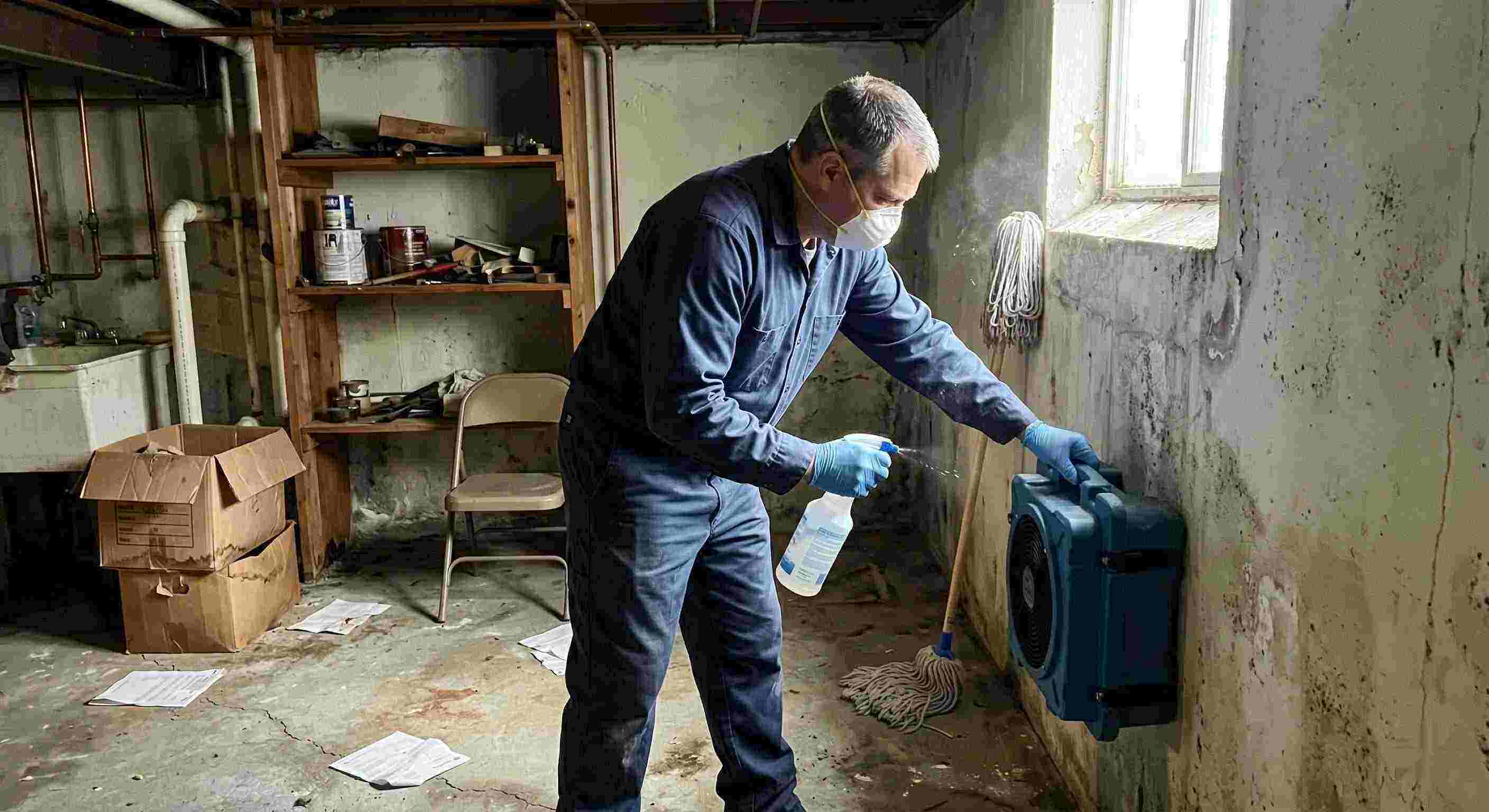 Technician performing mold odor removal in a basement, using HEPA air scrubber and antimicrobial spray, preventing mold growth in a Tucson home.