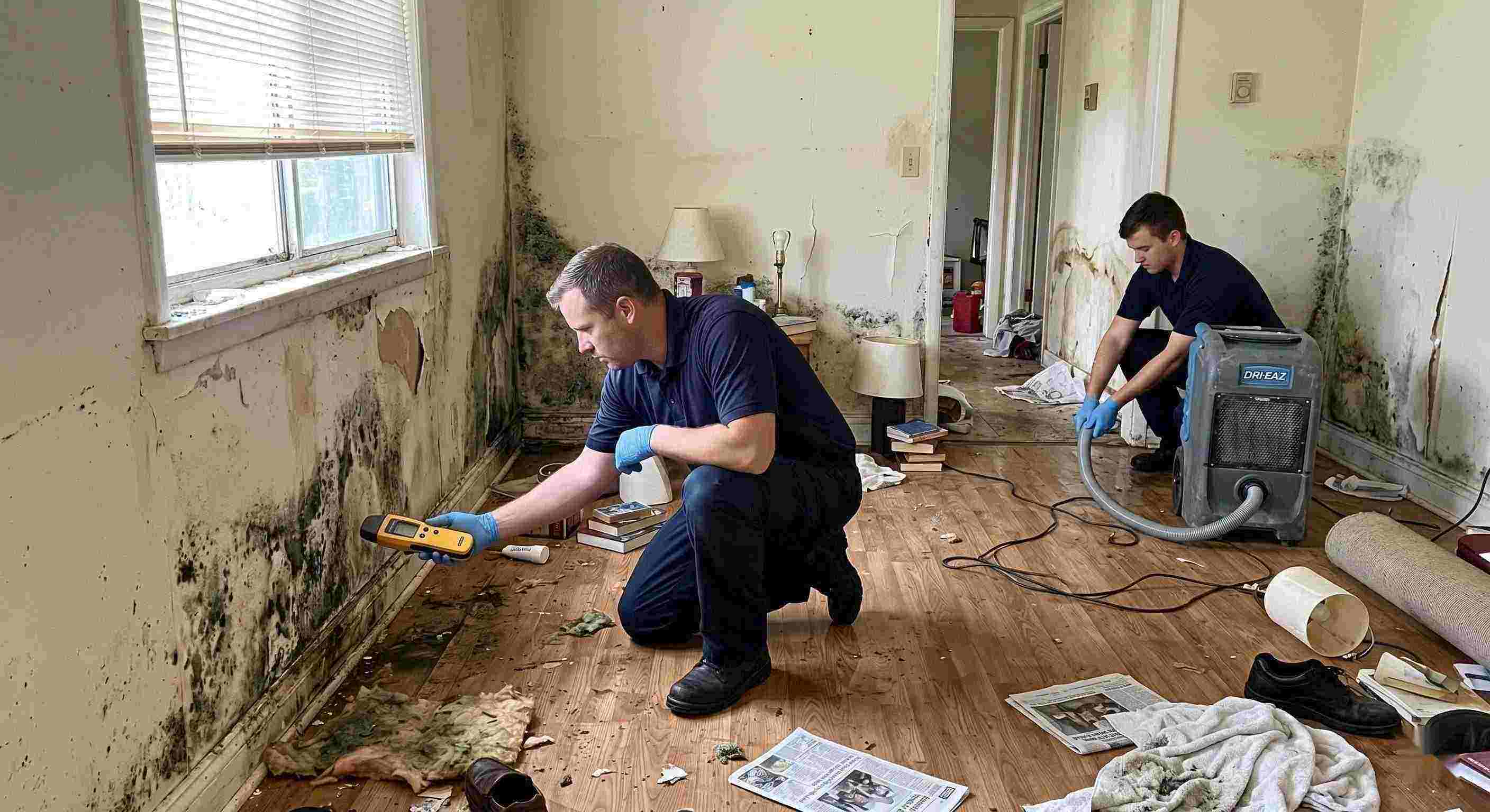 Realistic photo showing mold damage and water-affected walls in a home during mold remediation in Tucson, with technicians inspecting and controlling moisture.