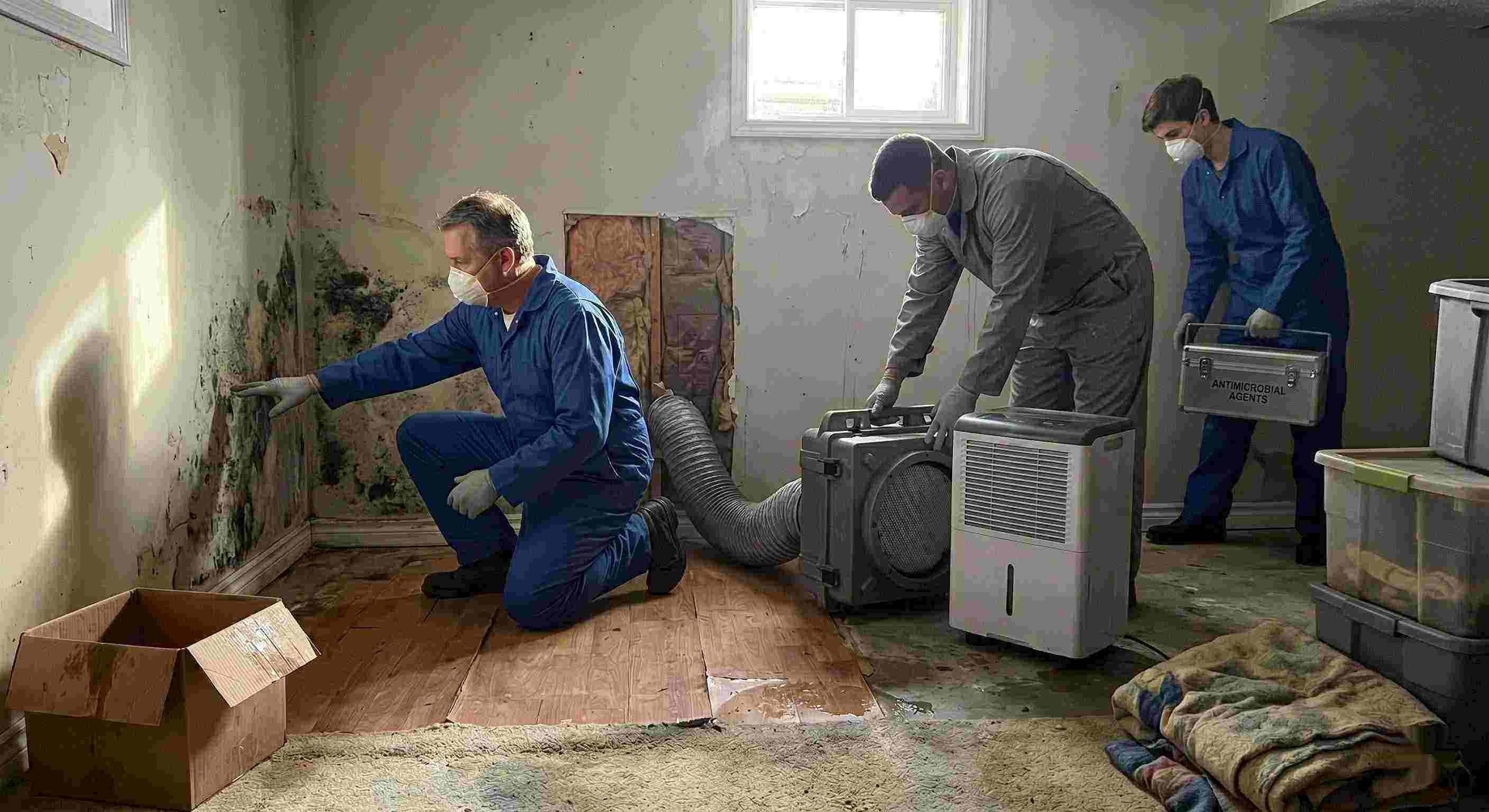 Residential mold remediation team performing inspection and cleanup with dehumidifiers and HEPA filters, showing professional team and equipment in a Tucson home.