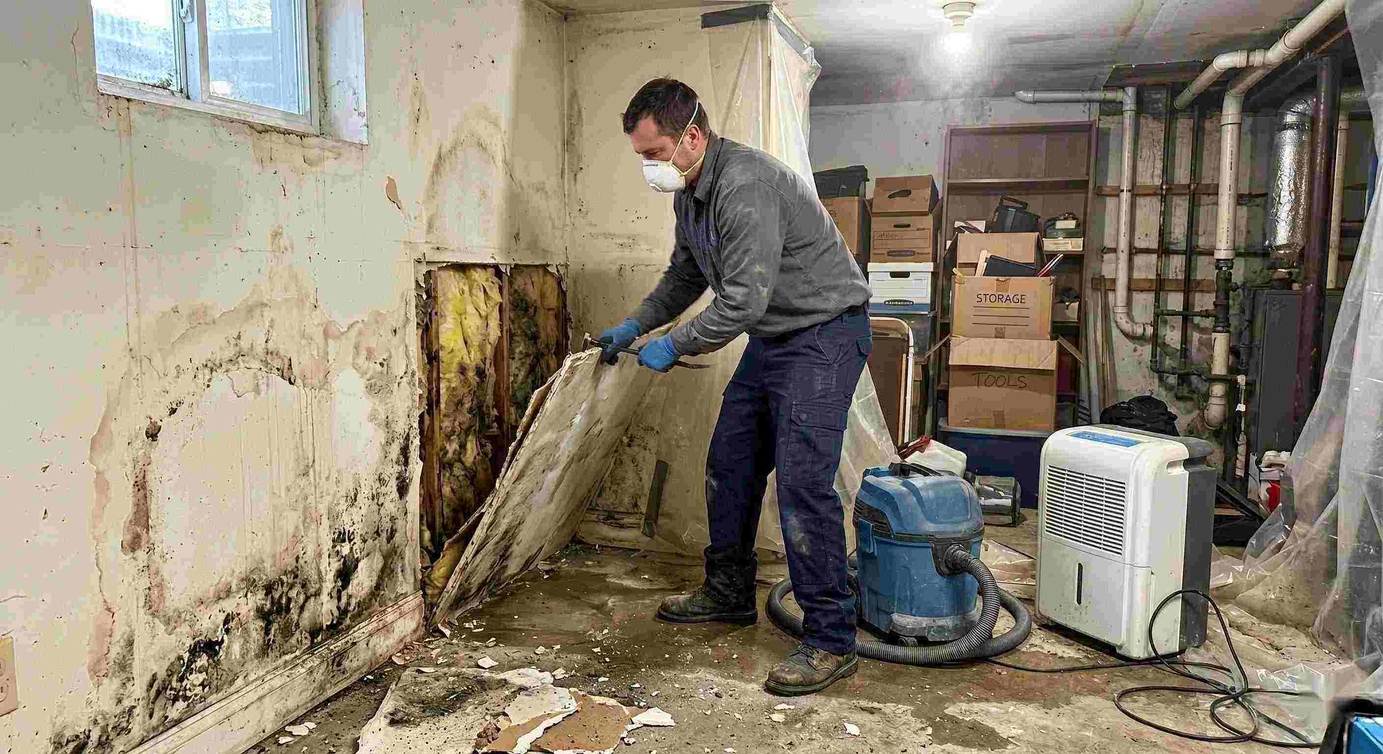 Action shot of a mold remediation technician removing damaged drywall and treating mold in a home basement in Tucson, showing realistic textures, dust, and water damage.