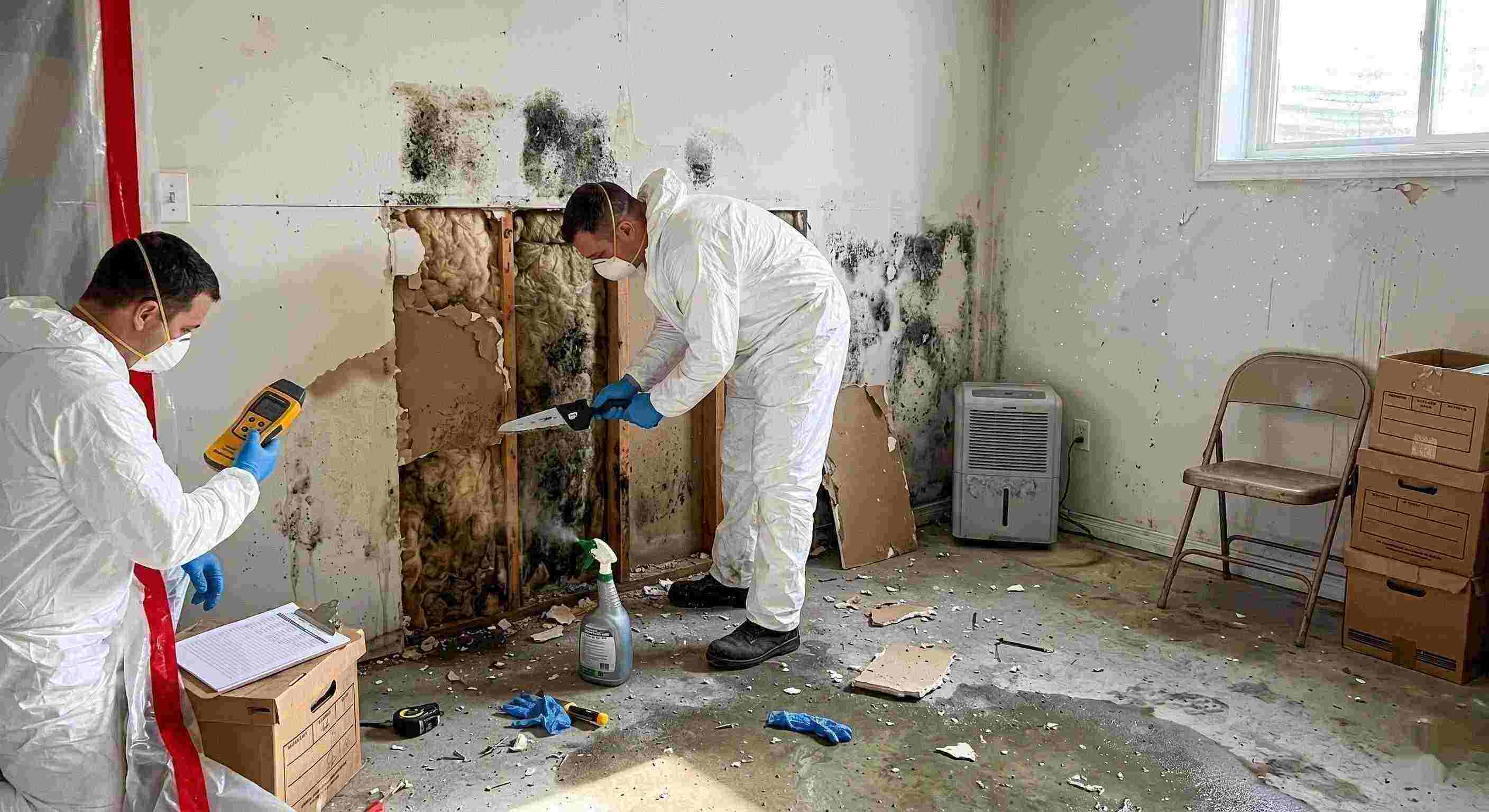Professional mold removal service in a residential home, showing technicians removing black mold and moisture-damaged drywall in Tucson.