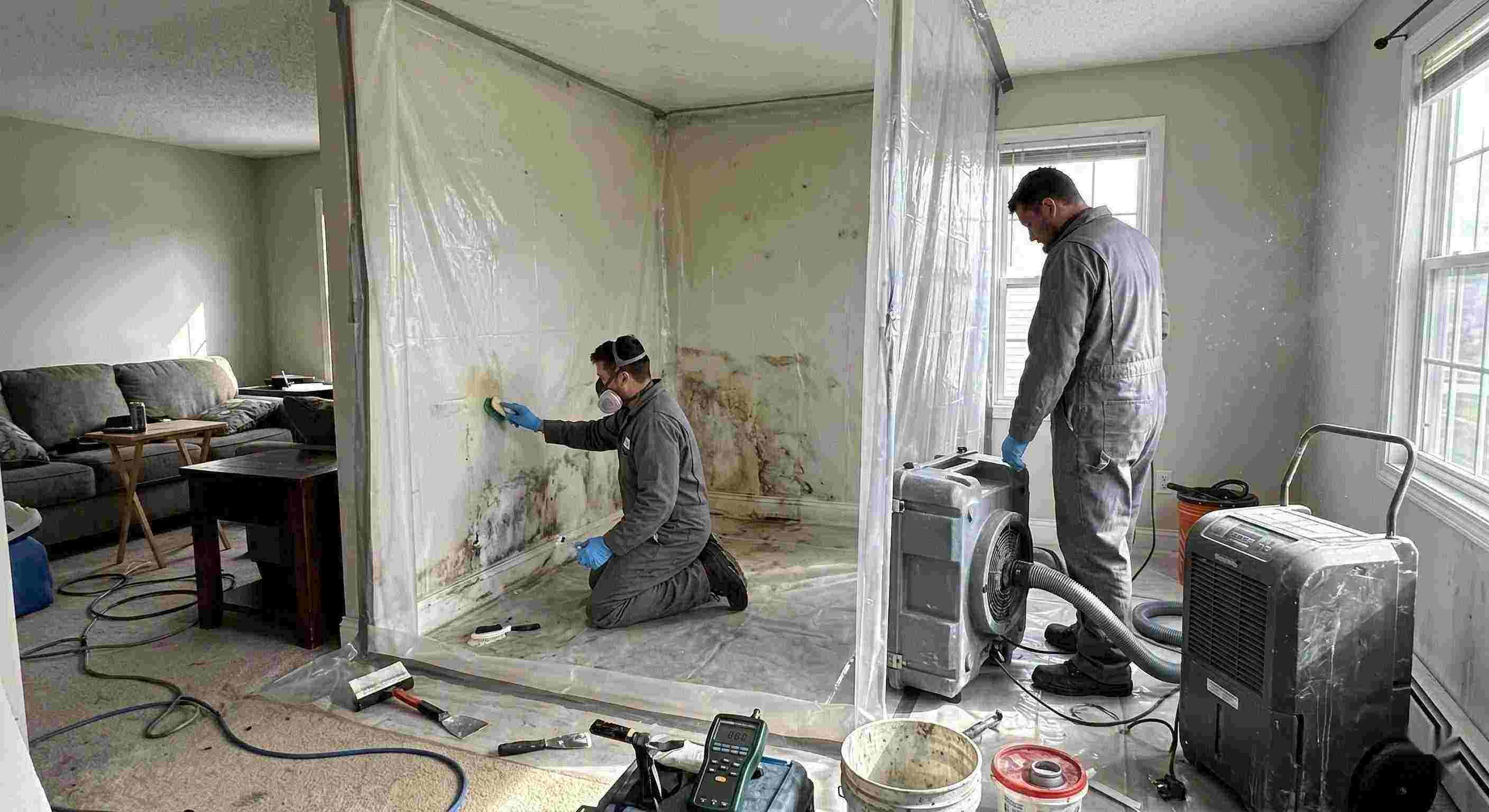 Technicians performing indoor mold removal in a residential home in Tucson, isolating damp areas and using HEPA air scrubbers and dehumidifiers.