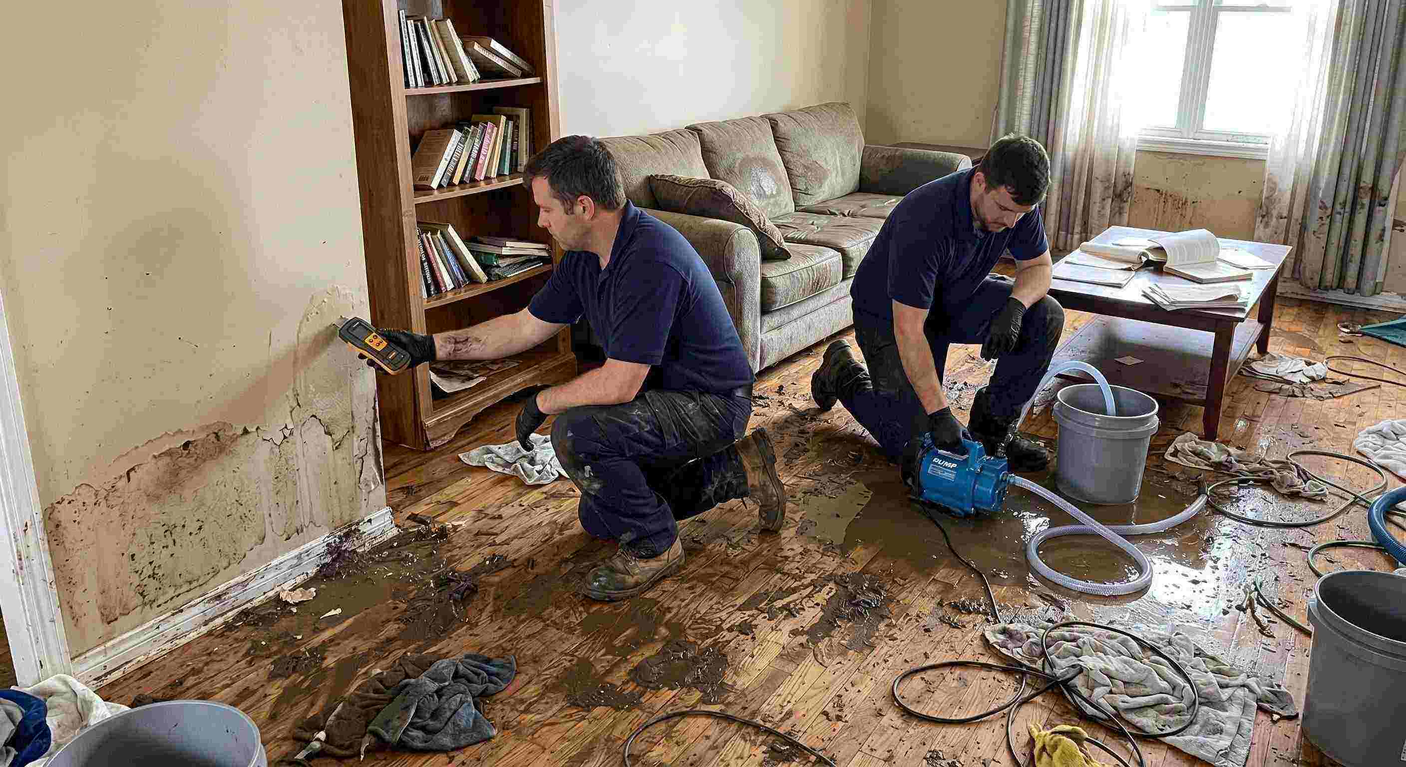 Professional realistic photo of a technician performing mud and debris removal after flooding in a home in Yuma, showing soaked floors, water-damaged furniture, and scattered cleaning equipment.