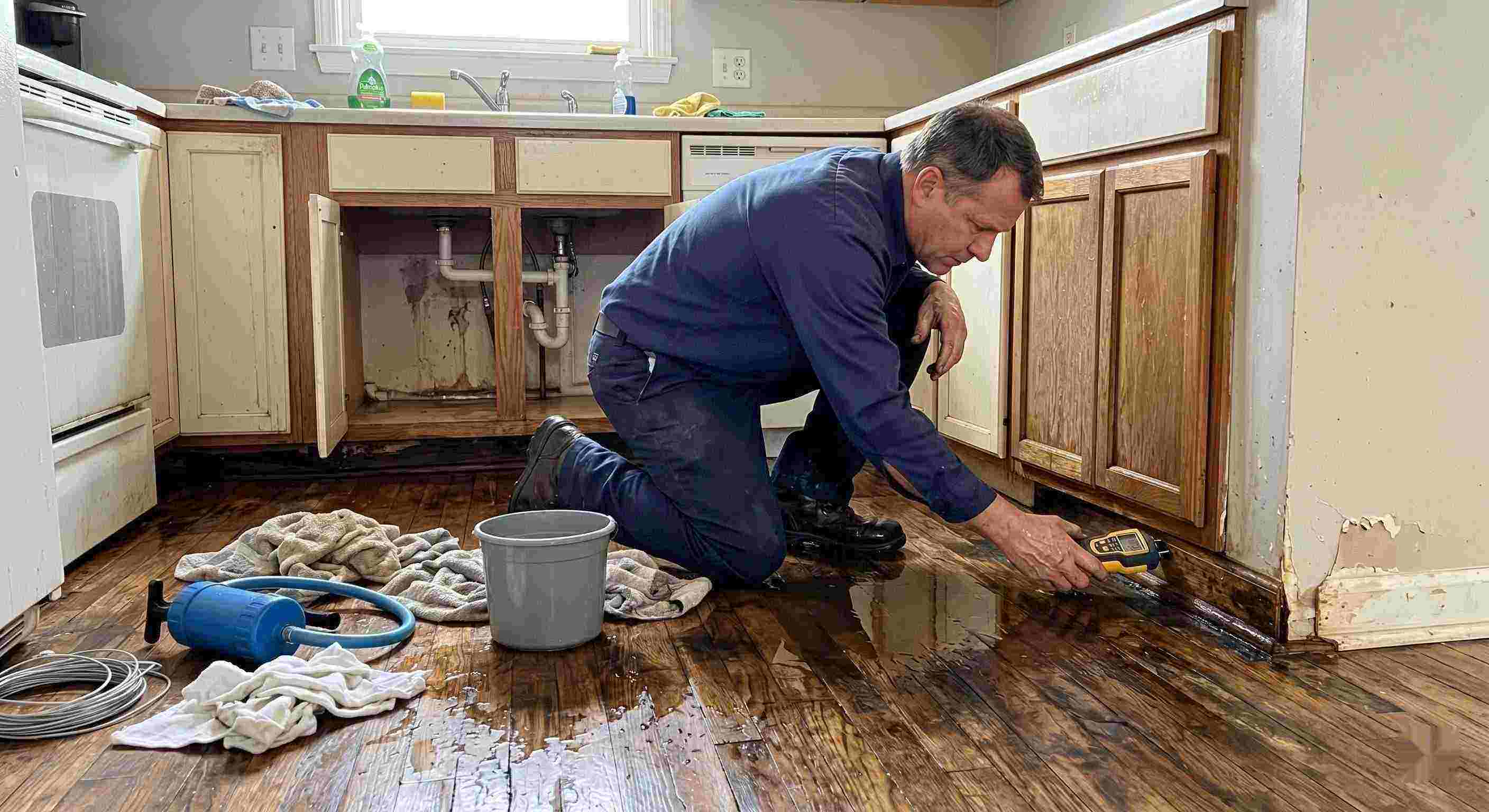 Fast technician performing pipe leak cleanup in a residential home in Maricopa, inspecting water-damaged flooring and cabinets.