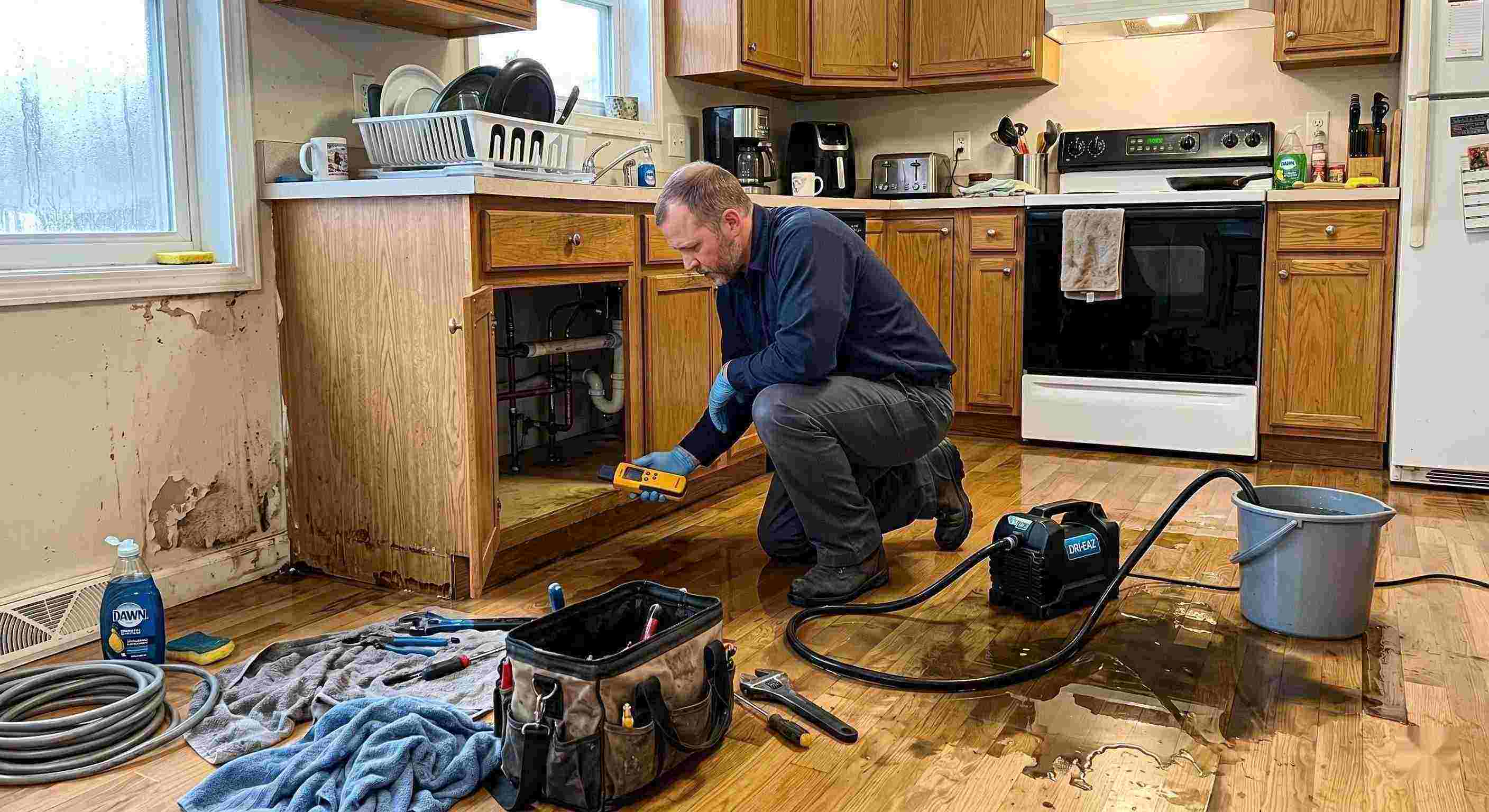 Reliable pipe leak cleanup service in a residential kitchen showing water damage and a technician actively restoring the area in Maricopa.