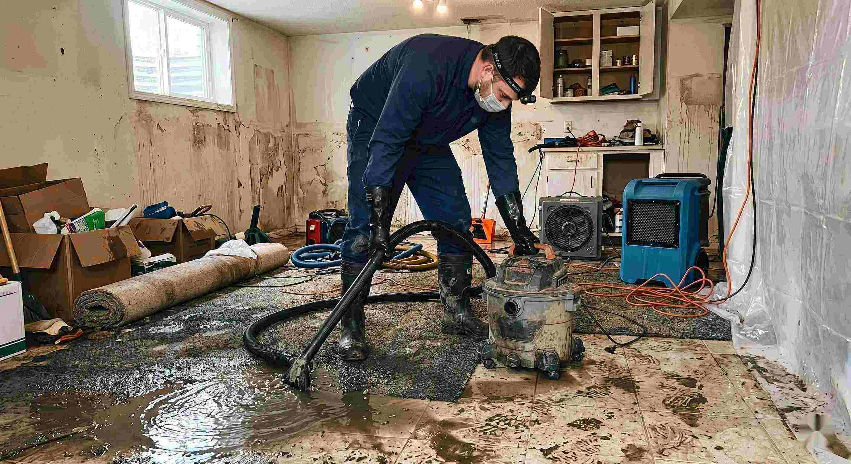 Expert action shot of a technician performing sewage backup cleanup in a residential home, showing water extraction and sanitation processes in Maricopa.