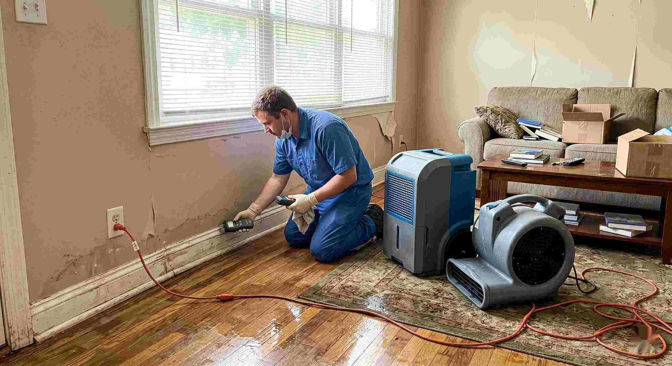 Reliable technician performing rainwater intrusion cleanup in a flooded home in Yuma, showing wet floors, damp walls, and dehumidifiers in use.