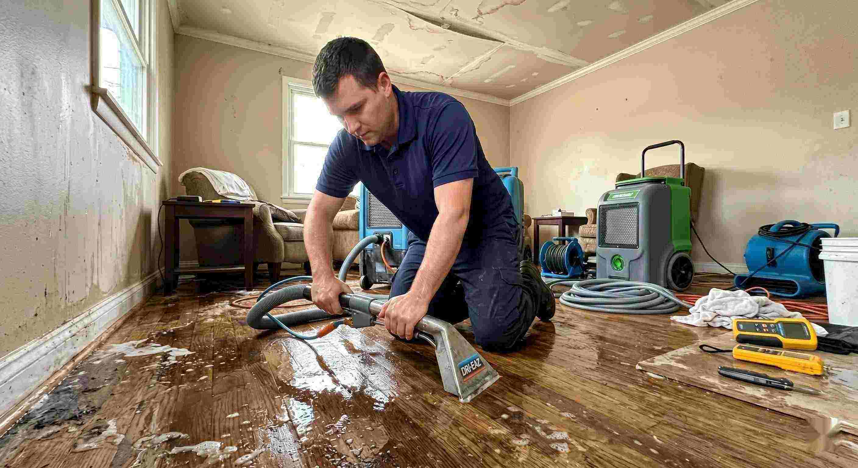 Trusted action shot of a leak damage restoration technician performing water extraction and drying in a home in Maricopa, showing realistic water damage and cleanup process.