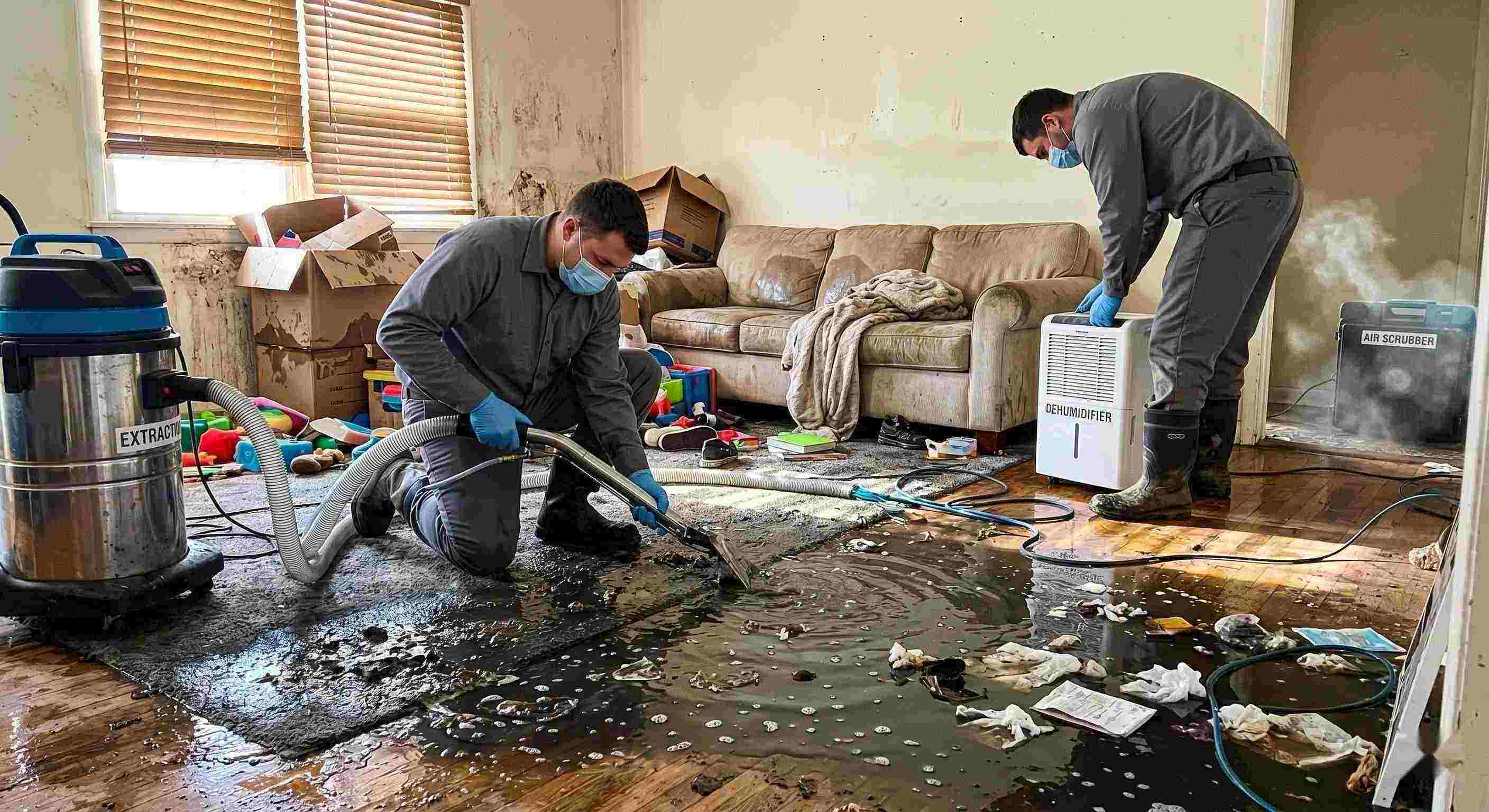 Professional realistic image of a residential sewage backup cleanup in progress, with technicians removing contaminated water and using drying equipment in a home in Maricopa.