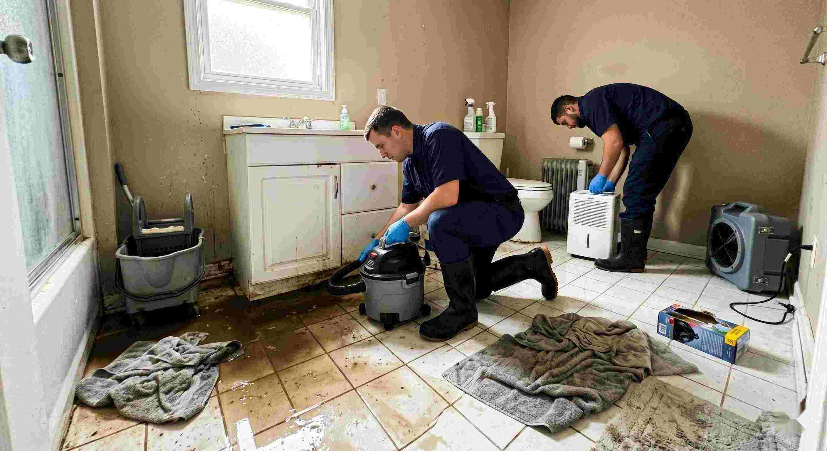Local realistic sewage backup cleanup in a home bathroom, technician extracting contaminated water during emergency sewage cleanup in Maricopa