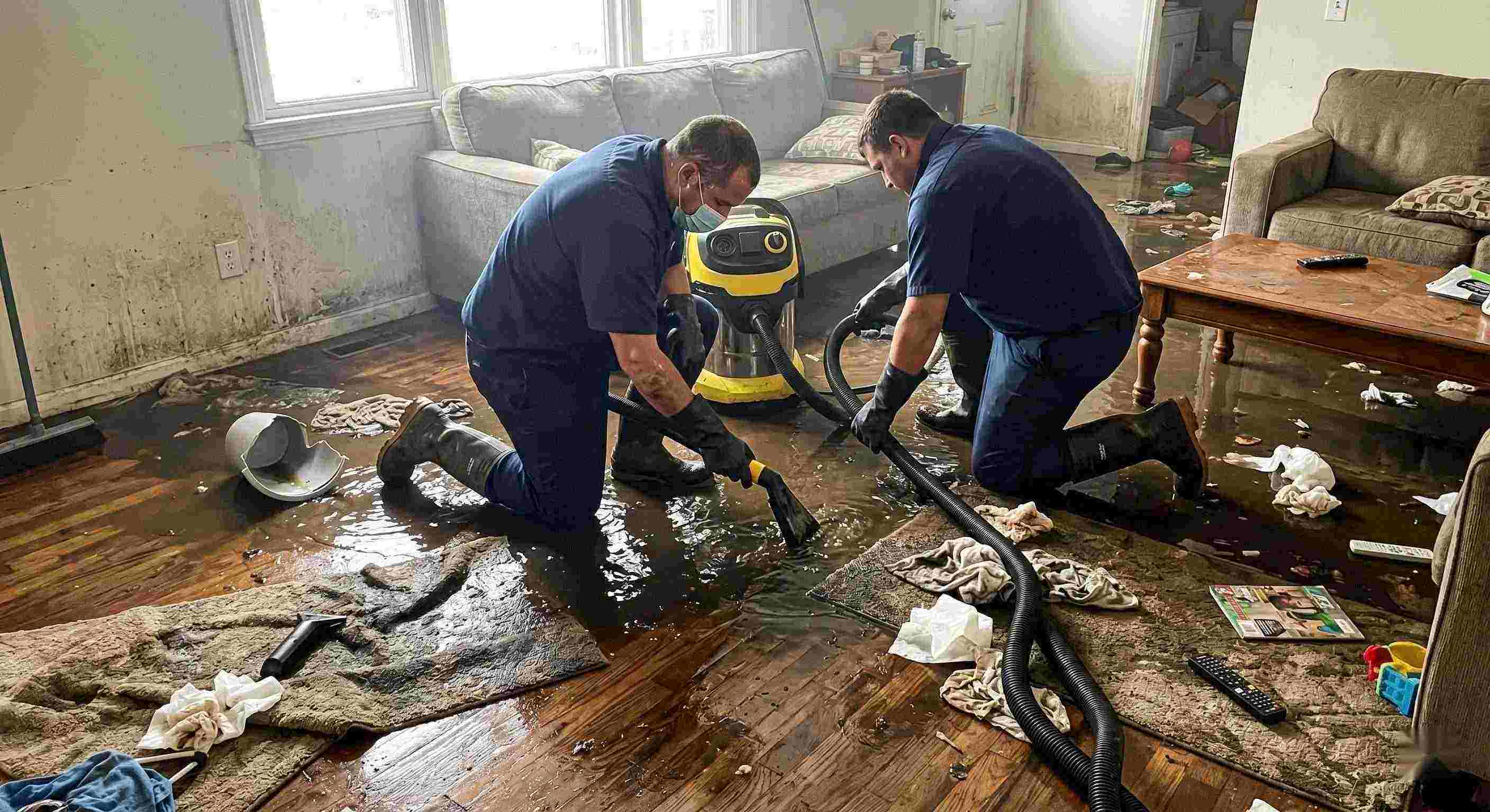 Professional realistic scene of sewage backup cleanup in a home showing technicians removing contaminated water in Maricopa.