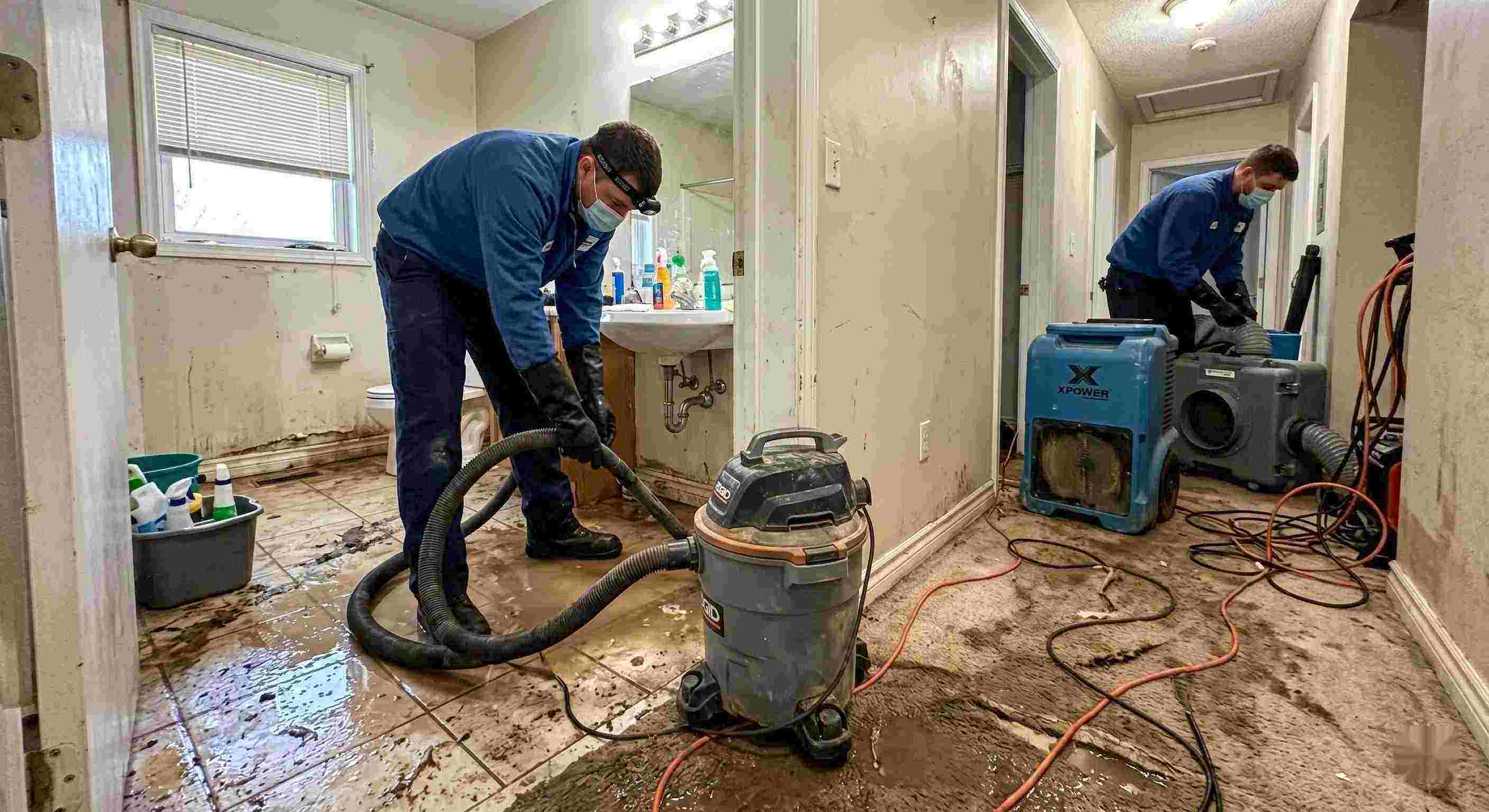 Trusted sewage backup cleanup in a home with technicians removing contaminated water and drying surfaces in Maricopa