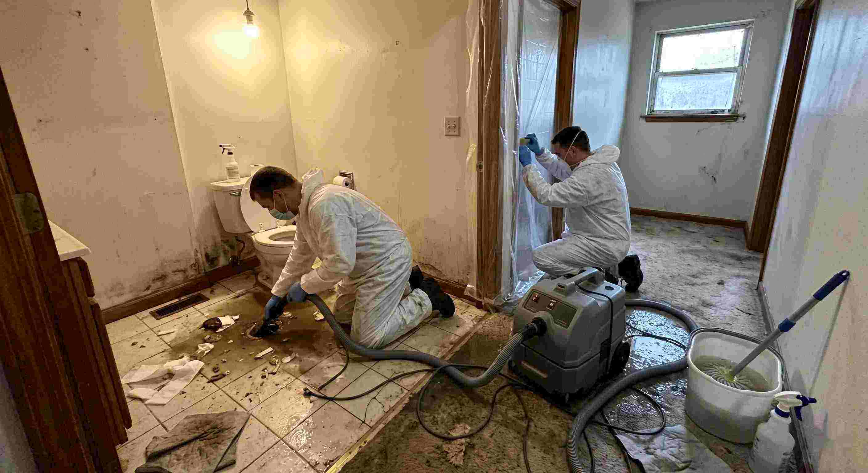 Local sewage backup cleanup technicians removing contaminated water inside home in Prescott Valley