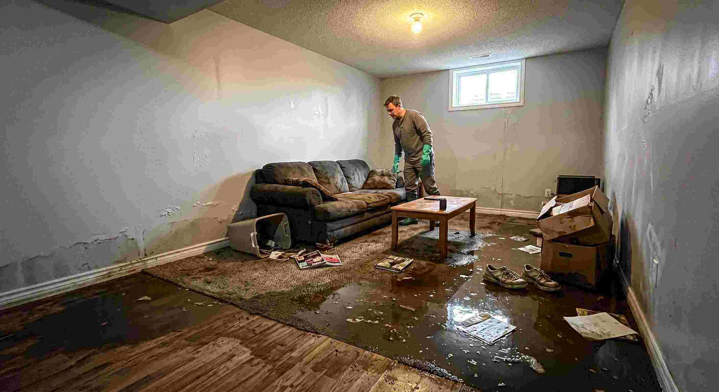 Trusted severe sewage backup damage spreading across basement floors and walls in Maricopa home