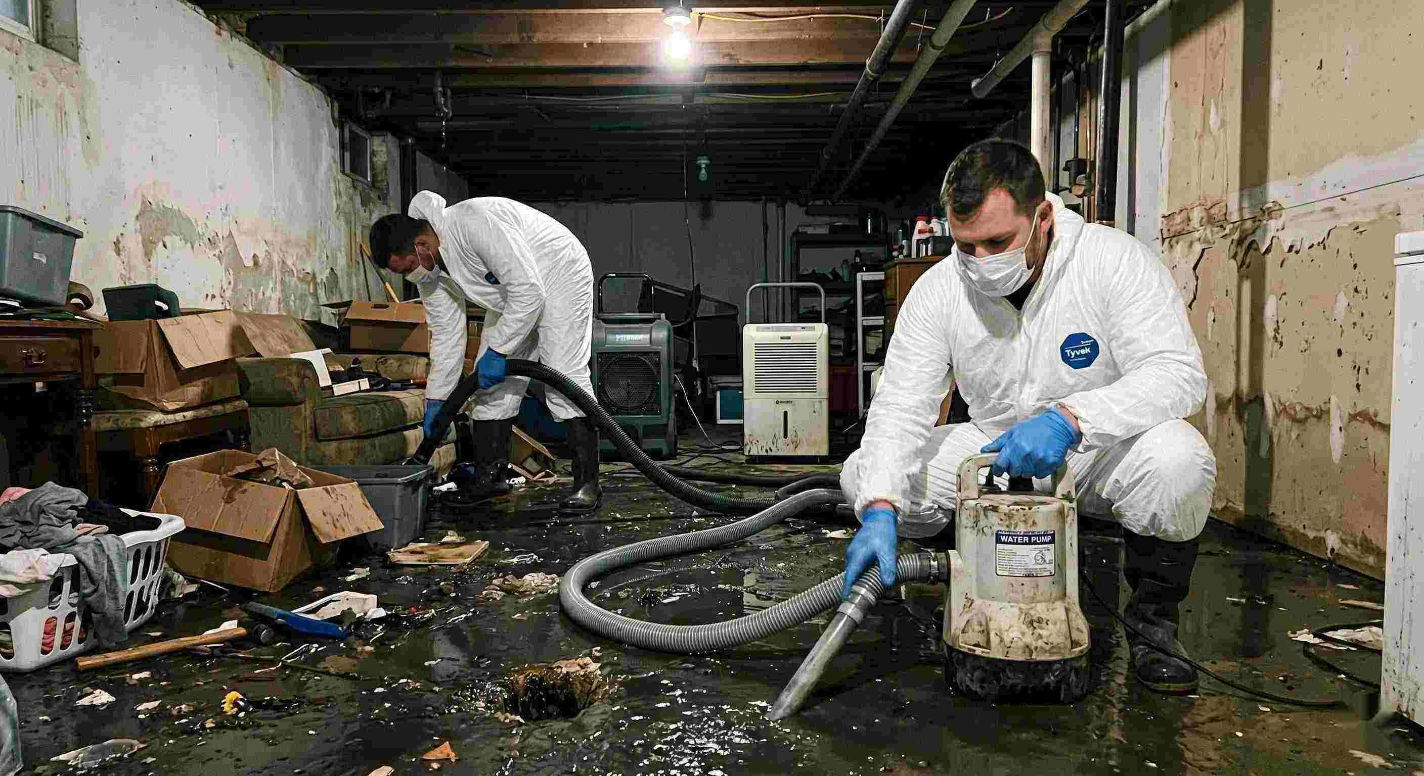 Fast sewer backup cleanup technicians removing contaminated water from flooded basement in Maricopa