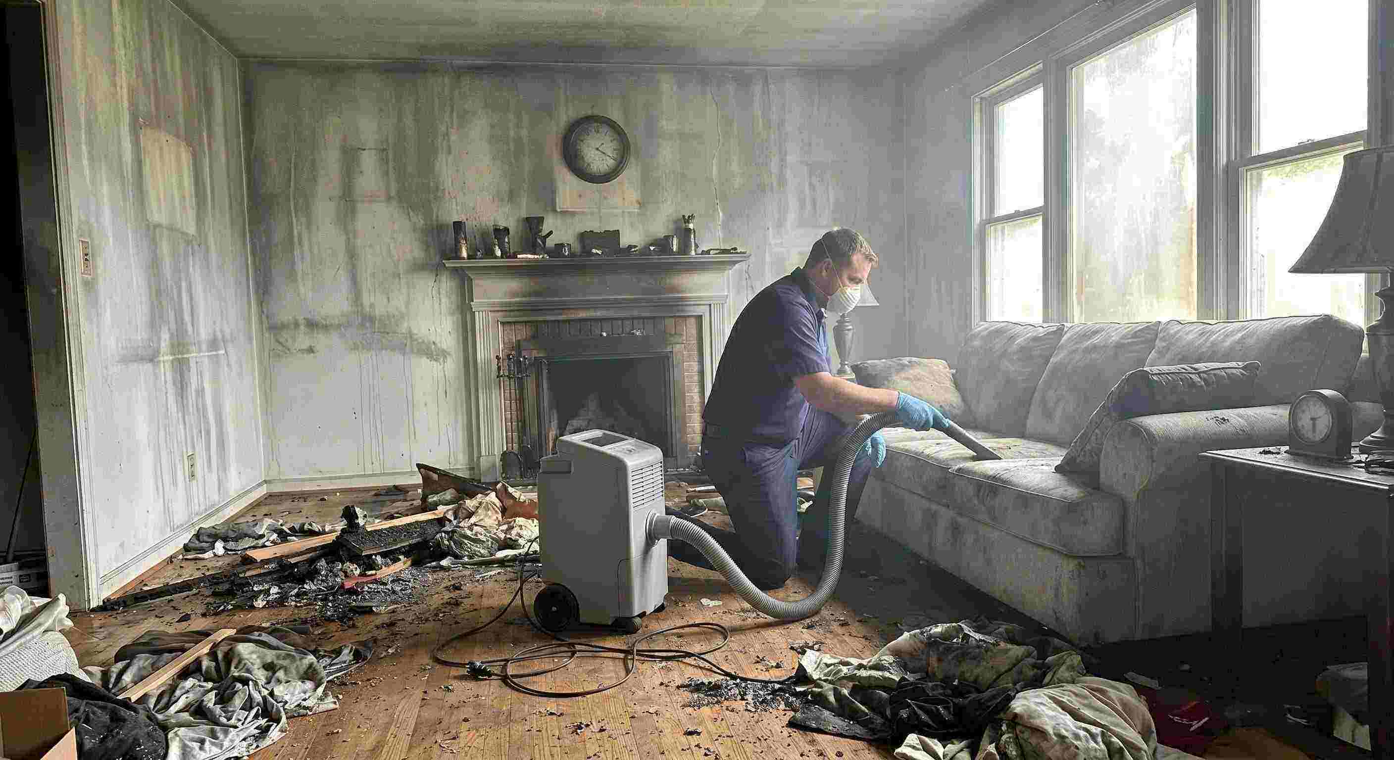 Realistic post-fire smoke damage removal in a home with soot-covered walls and debris being cleaned by a technician in Tucson.
