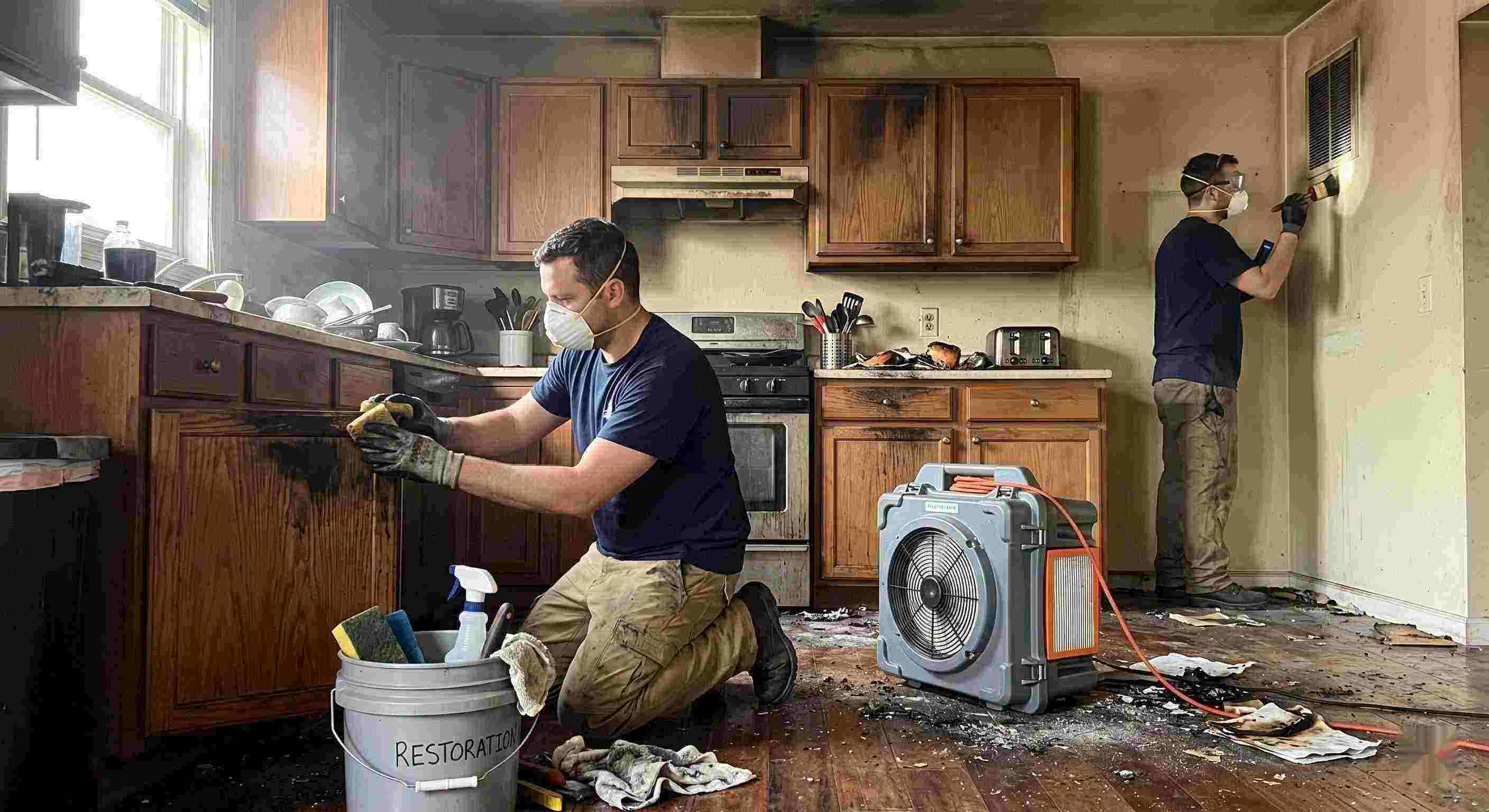 Technicians performing smoke damage removal in a home in Tucson after a kitchen fire, cleaning soot and restoring indoor air quality.