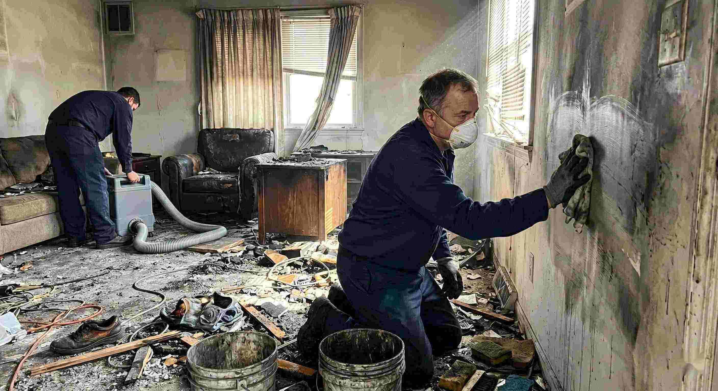 Technician performing soot removal in a fire-damaged home in Tucson, carefully cleaning walls and surfaces covered in smoke residue and ash